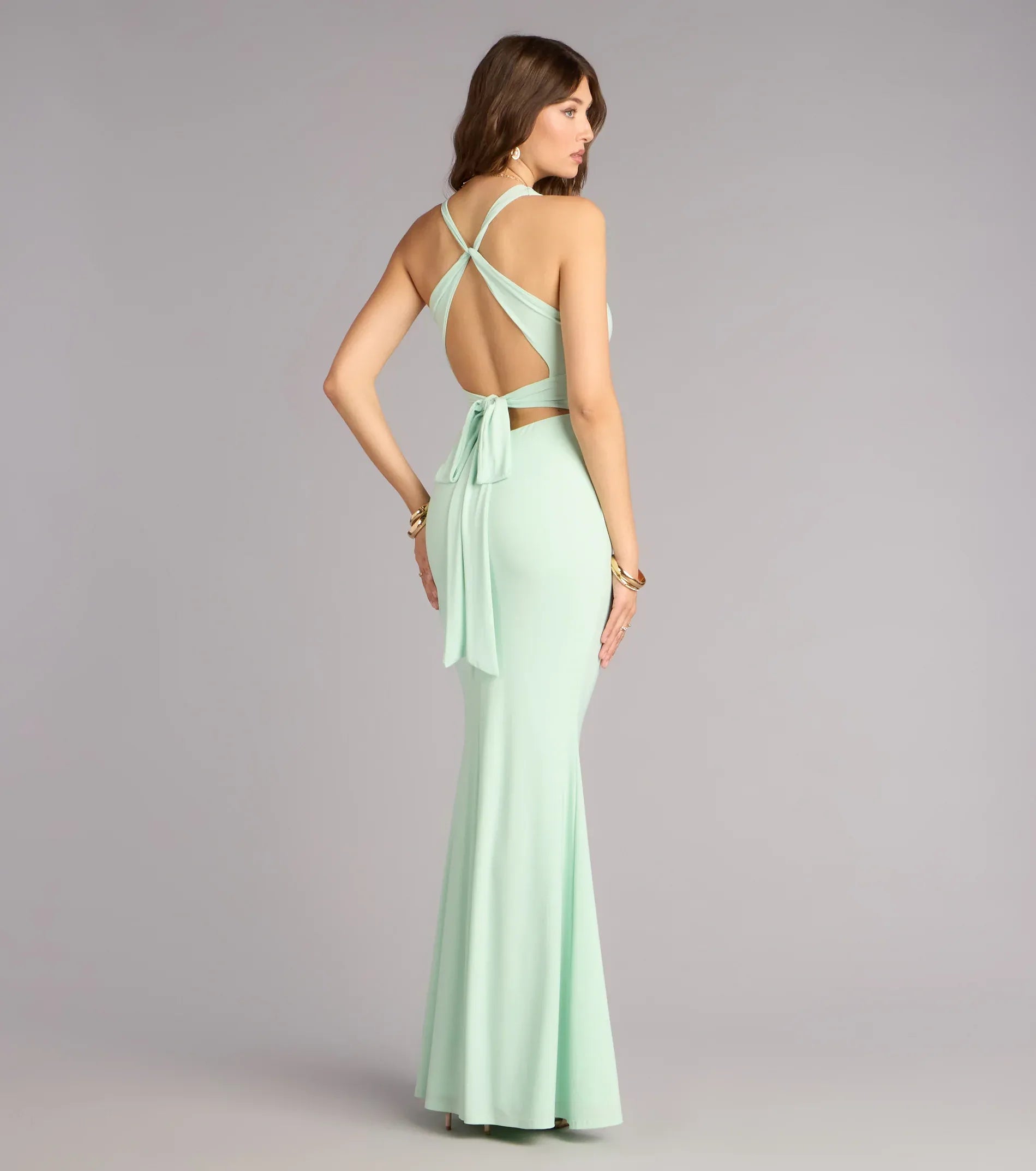 Fresh Mermaid V-Neck Sleeveless Cross-Tie-Back Maxi Wedding Guest Dress