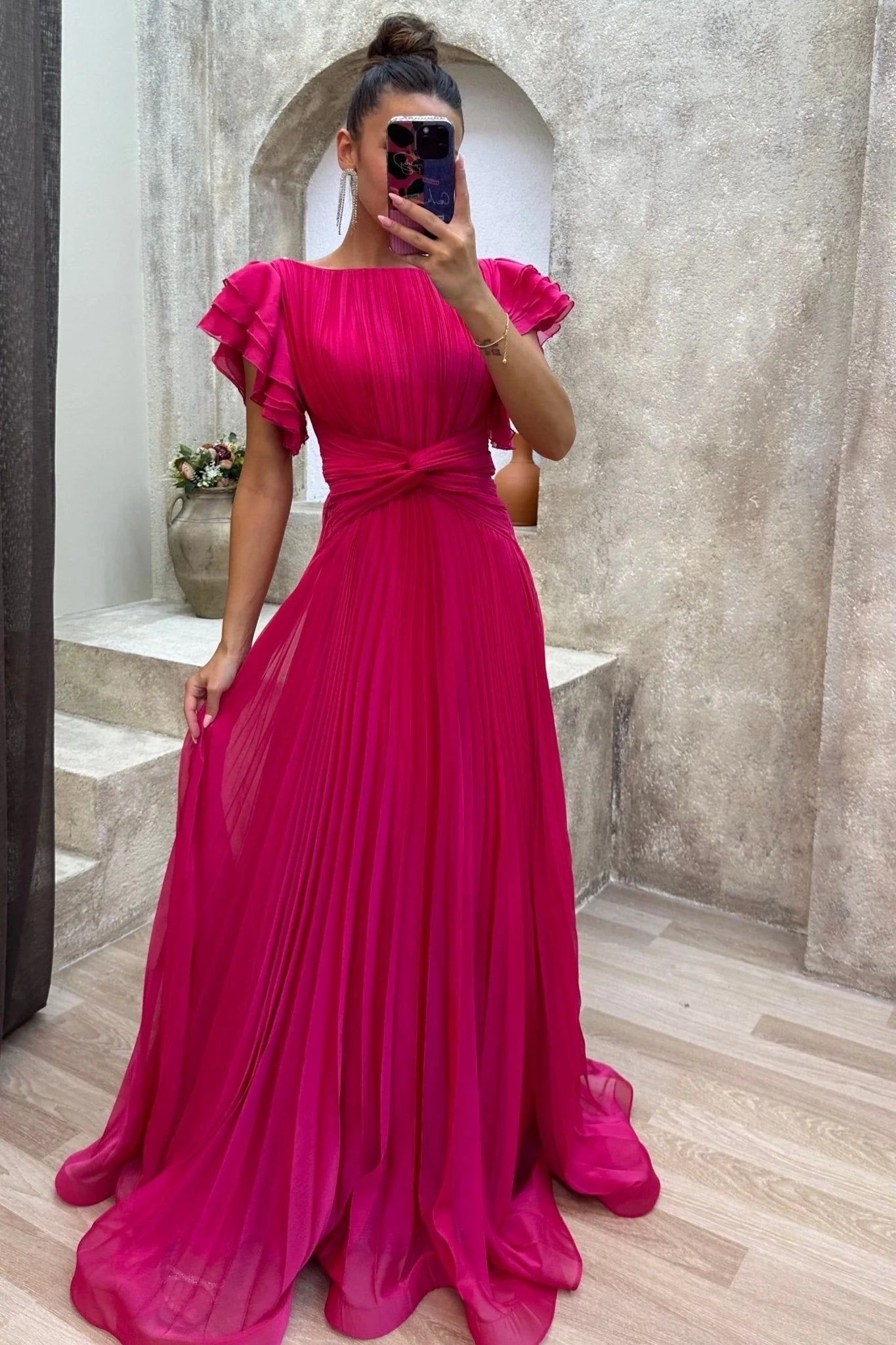 Fuchsia Floor-Length Boat-Neck Ruffled-Sleeve Pleated Wedding Guest Dress