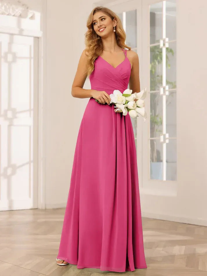 Fuchsia Chiffon Spaghetti‑Strap Cross‑Wrap Pleated Keyhole‑Back A‑Line Bridesmaid Dresses