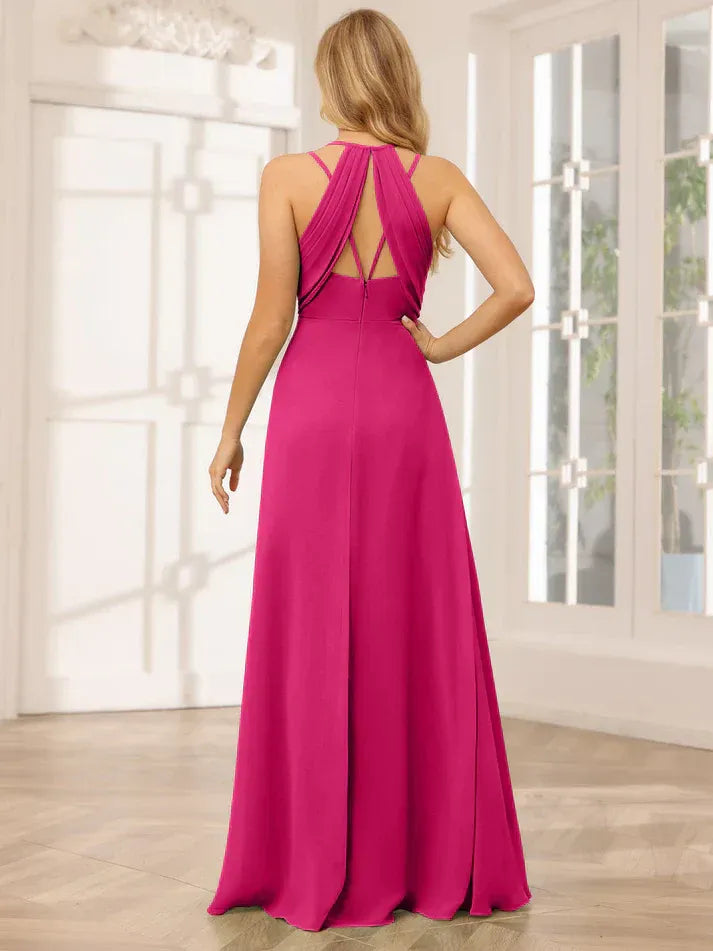 Fuchsia Chiffon Spaghetti‑Strap Cross‑Wrap Pleated Keyhole‑Back A‑Line Bridesmaid Dresses