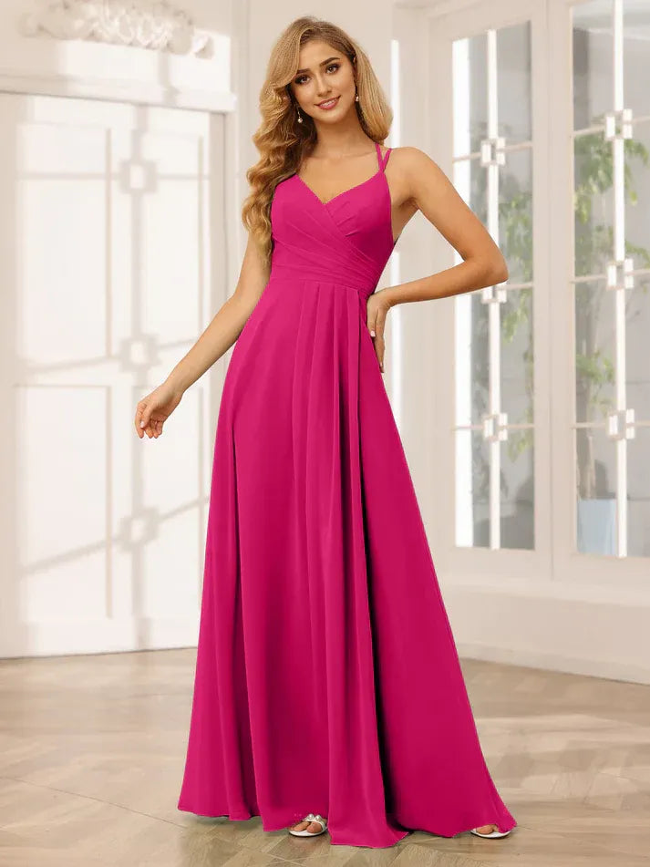 Fuchsia Chiffon Spaghetti‑Strap Cross‑Wrap Pleated Keyhole‑Back A‑Line Bridesmaid Dresses