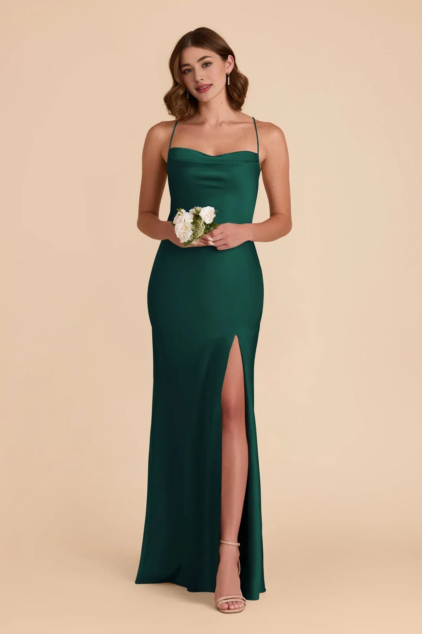 Glam Mermaid Cowl Neck Spaghetti Strap Cross Tie Back Floor Length Wedding Bridesmaid Dress
