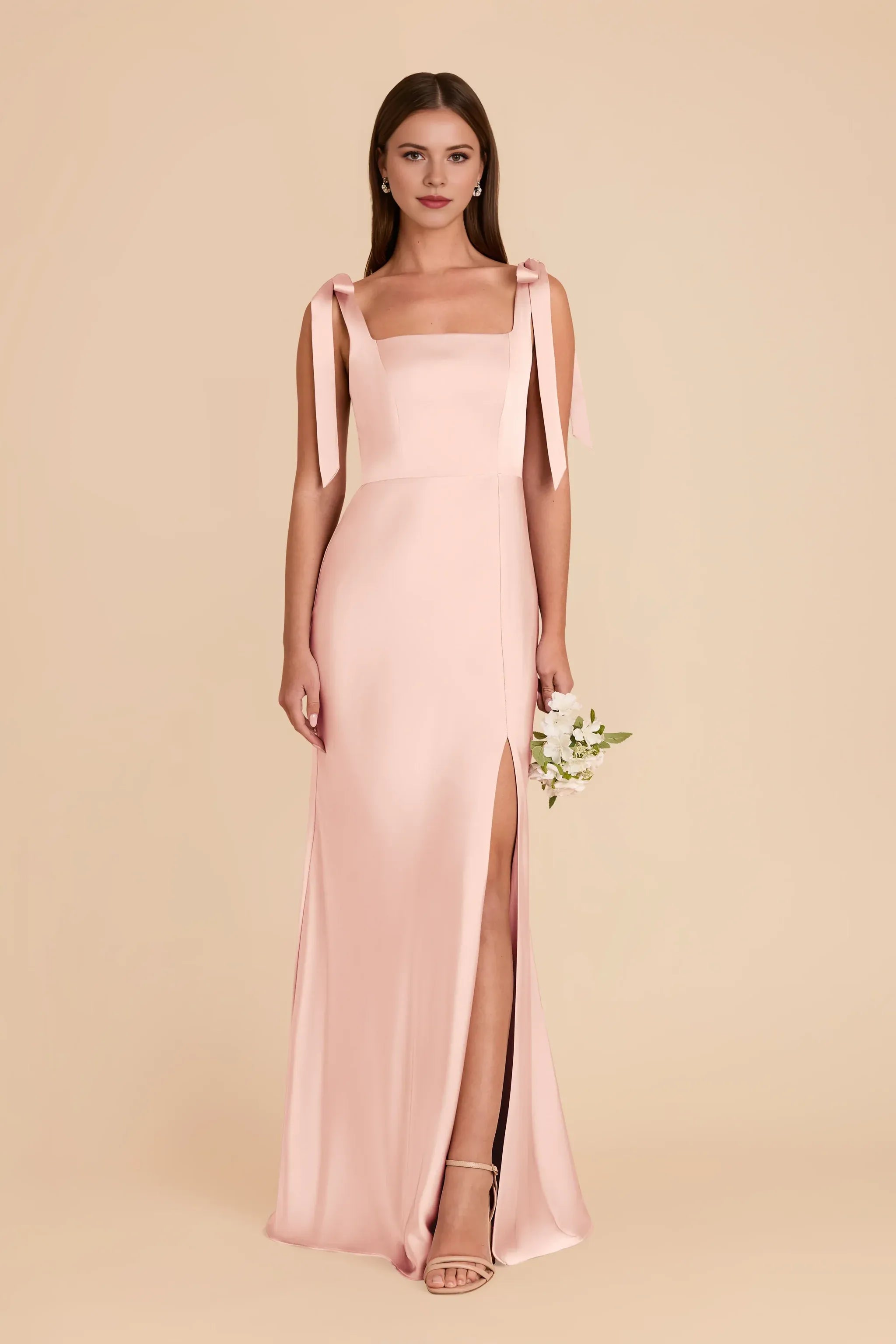 Glam Mermaid Square Neck Tie Strap Square Back Floor Length Wedding Bridesmaid Dress