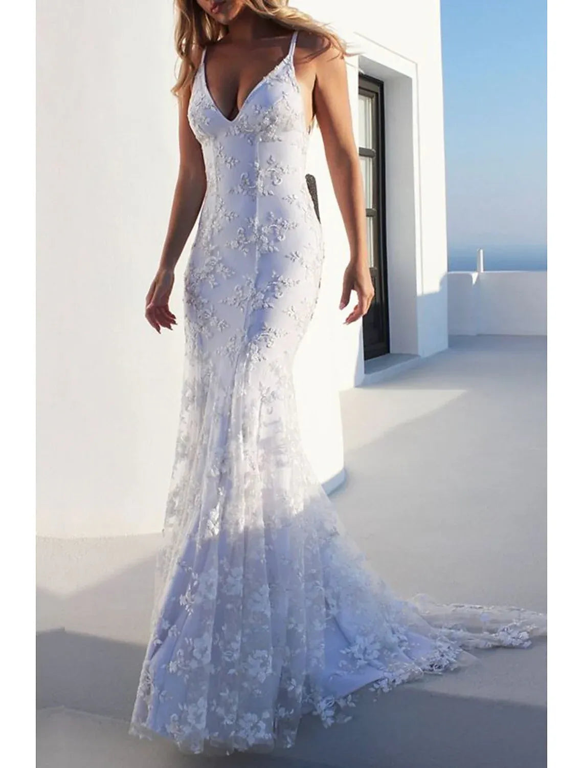 Glam Mermaid V Neck Spaghetti Strap Tie Back Train Wedding Dress