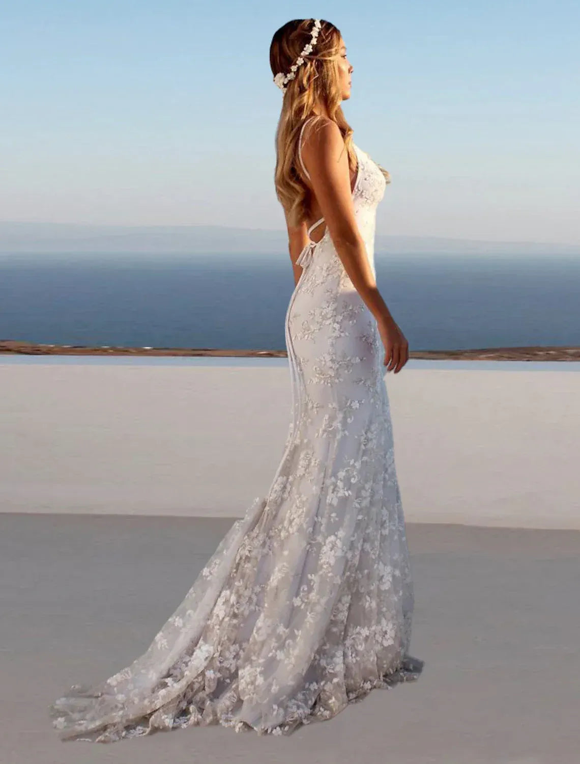 Glam Mermaid V Neck Spaghetti Strap Tie Back Train Wedding Dress