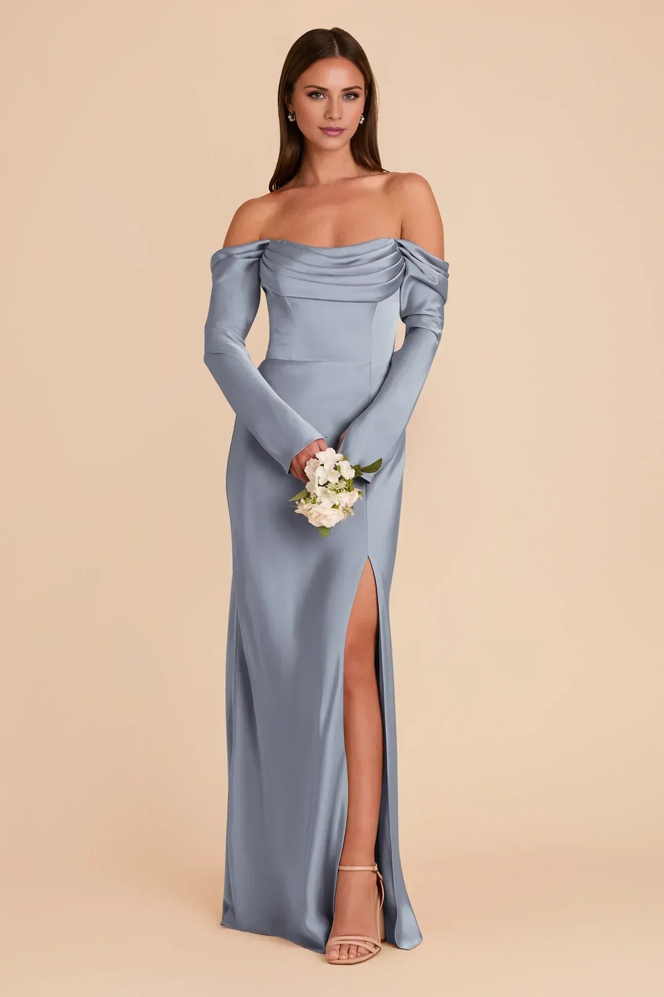 Glam Mermaid Off‑Shoulder Long Sleeve Low Back Maxi Wedding Bridesmaid Dress