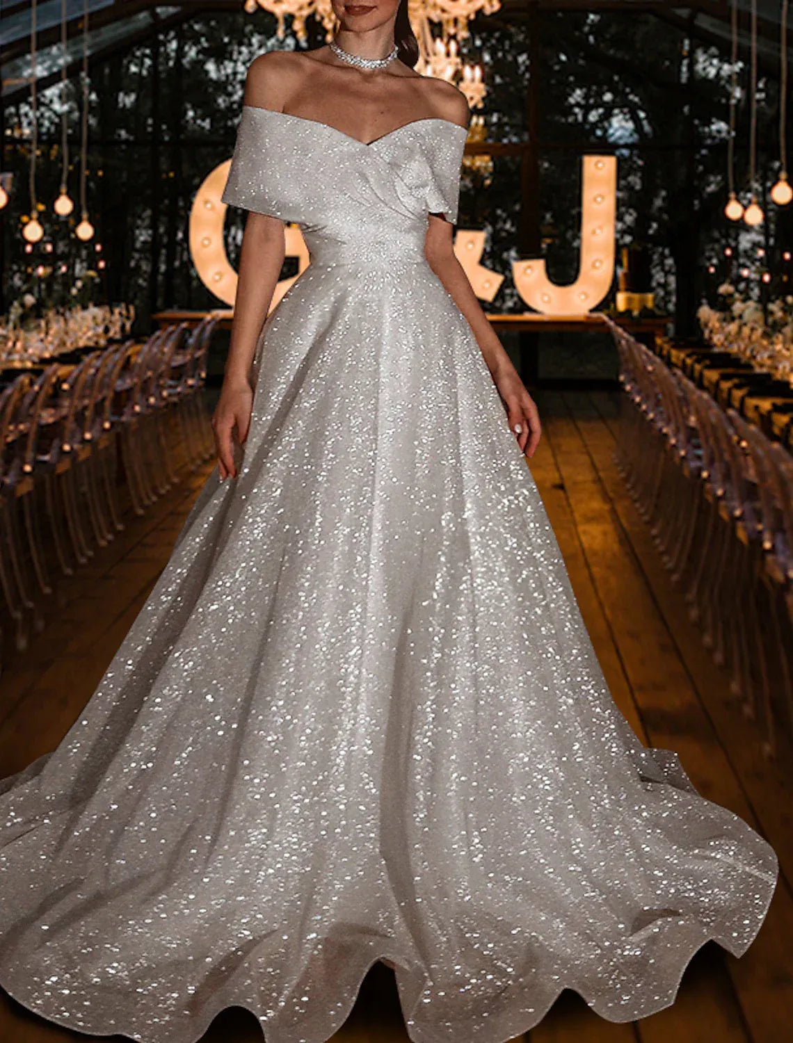Glamorous Ballgown Off-The-Shoulder Wrap Bodice Glitter Tulle Corset Back Wedding Dress