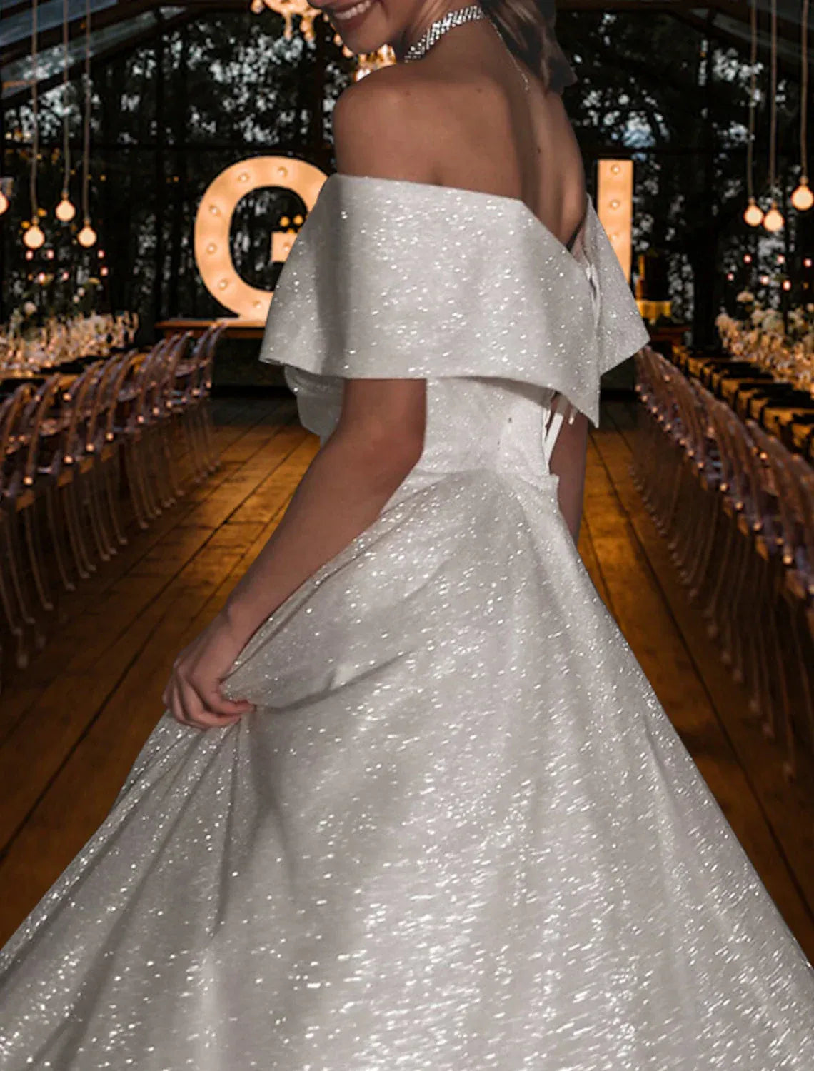 Glamorous Ballgown Off-The-Shoulder Wrap Bodice Glitter Tulle Corset Back Wedding Dress