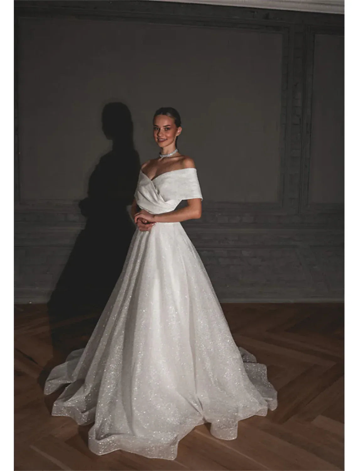 Glamorous Ballgown Off-The-Shoulder Wrap Bodice Glitter Tulle Corset Back Wedding Dress