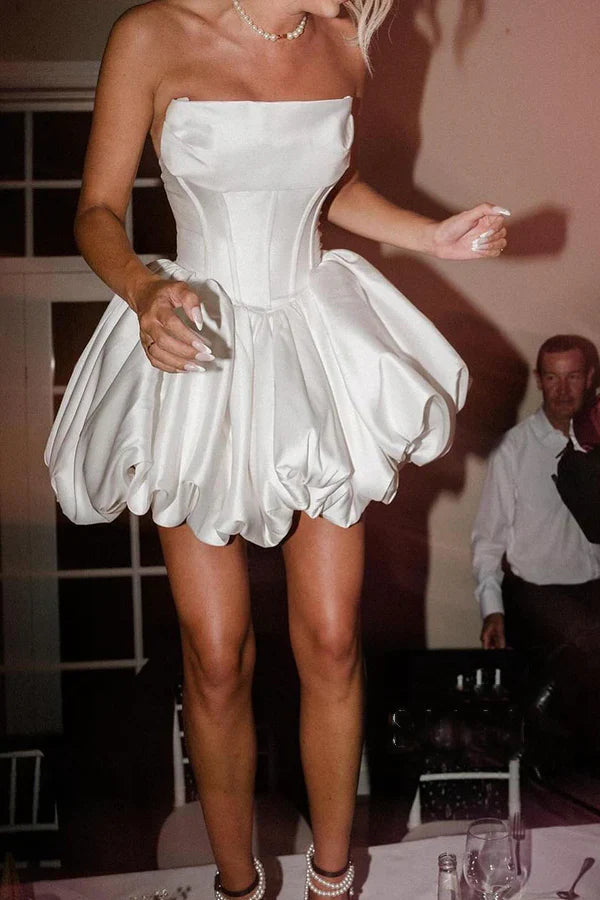Glamorous Bubble Strapless Sleeveless Pearl-Side Mini-Length Wedding Dresses For Rehearsal Dinner