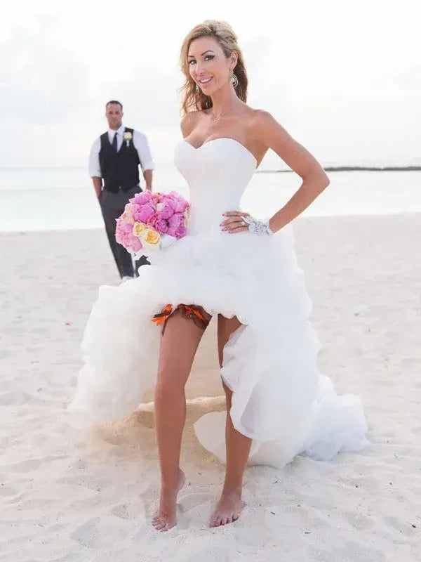 Glamorous High‑Low Mermaid Sweetheart‑Neck Strapless Ruffled‑Tulle Corset‑Bodice Beach Wedding Dresses For Tropical Coastal Ceremony
