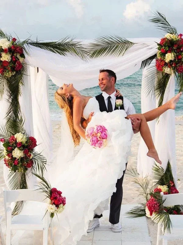 Glamorous High‑Low Mermaid Sweetheart‑Neck Strapless Ruffled‑Tulle Corset‑Bodice Beach Wedding Dresses For Tropical Coastal Ceremony