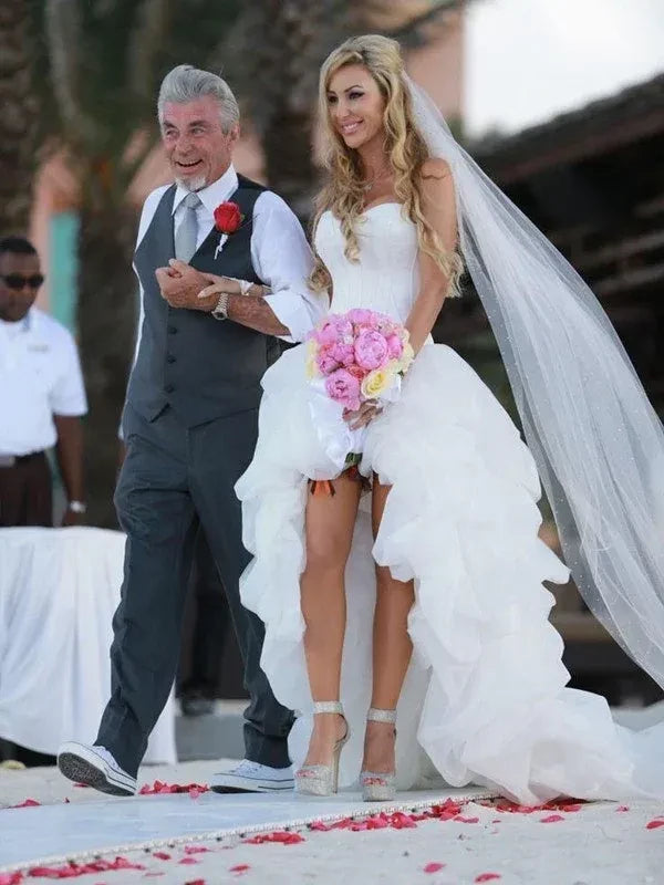 Glamorous High‑Low Mermaid Sweetheart‑Neck Strapless Ruffled‑Tulle Corset‑Bodice Beach Wedding Dresses For Tropical Coastal Ceremony