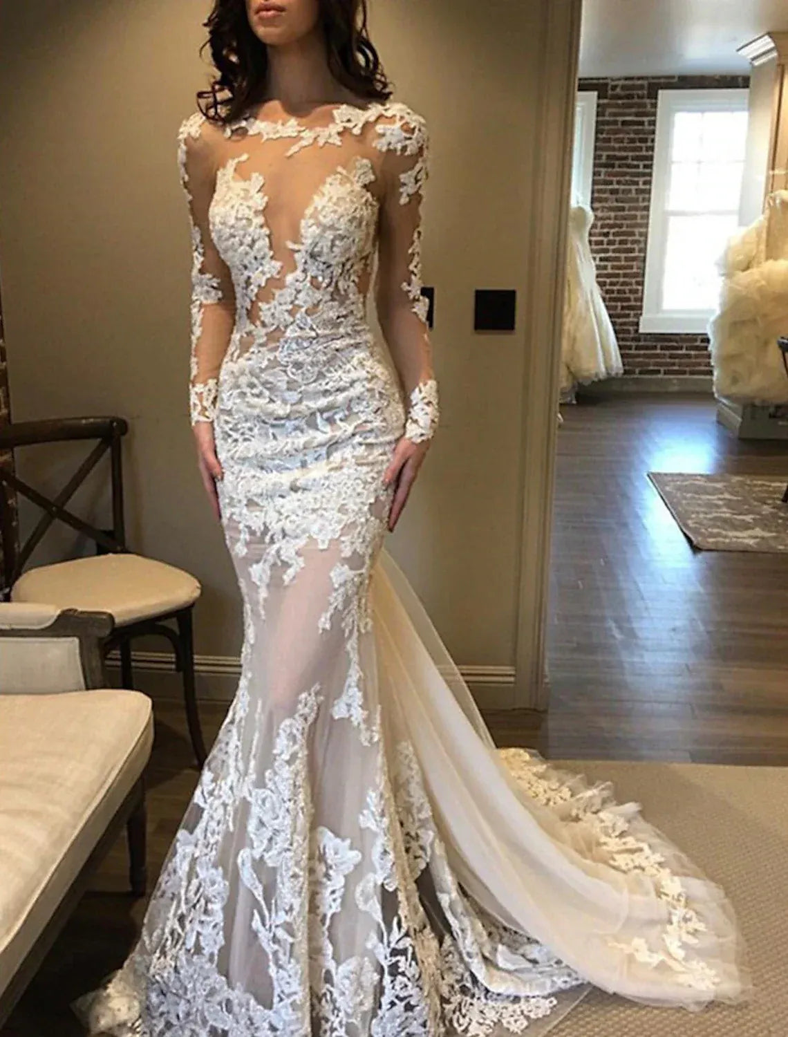 Glamorous Mermaid Illusion Off-Shoulder Long Lace Sheer Back Chapel Train Wedding Dress