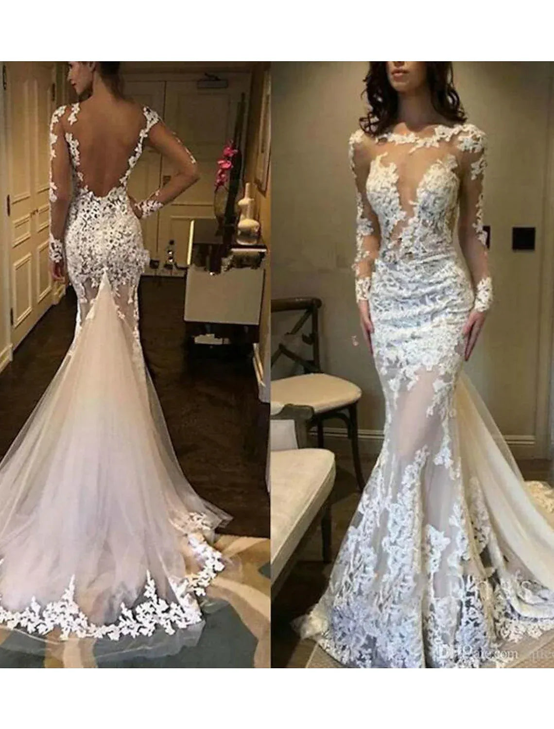 Glamorous Mermaid Illusion Off-Shoulder Long Lace Sheer Back Chapel Train Wedding Dress