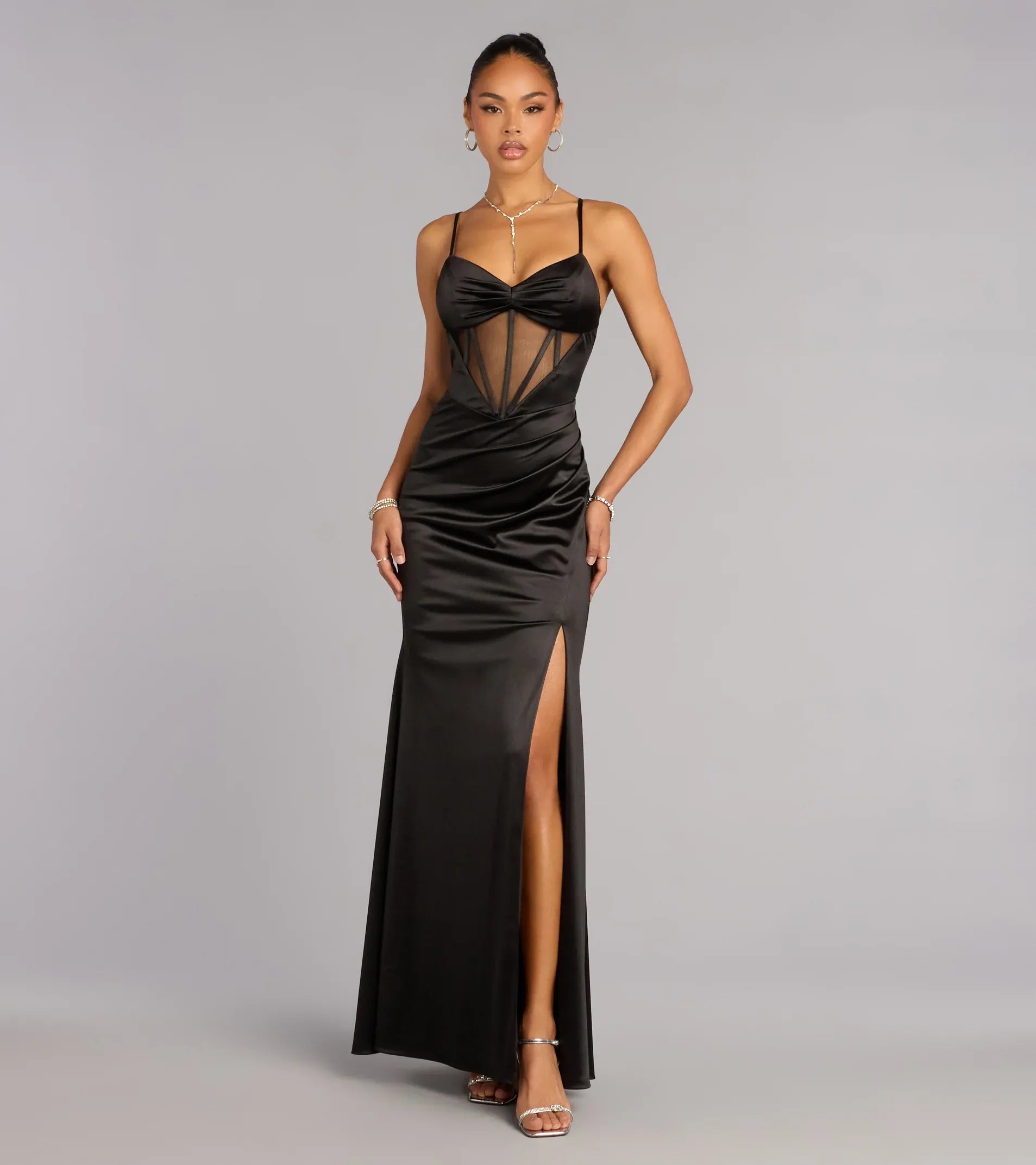 Glamorous Mermaid Sweetheart Spaghetti Lace-Up Slit Maxi Wedding Guest Dress