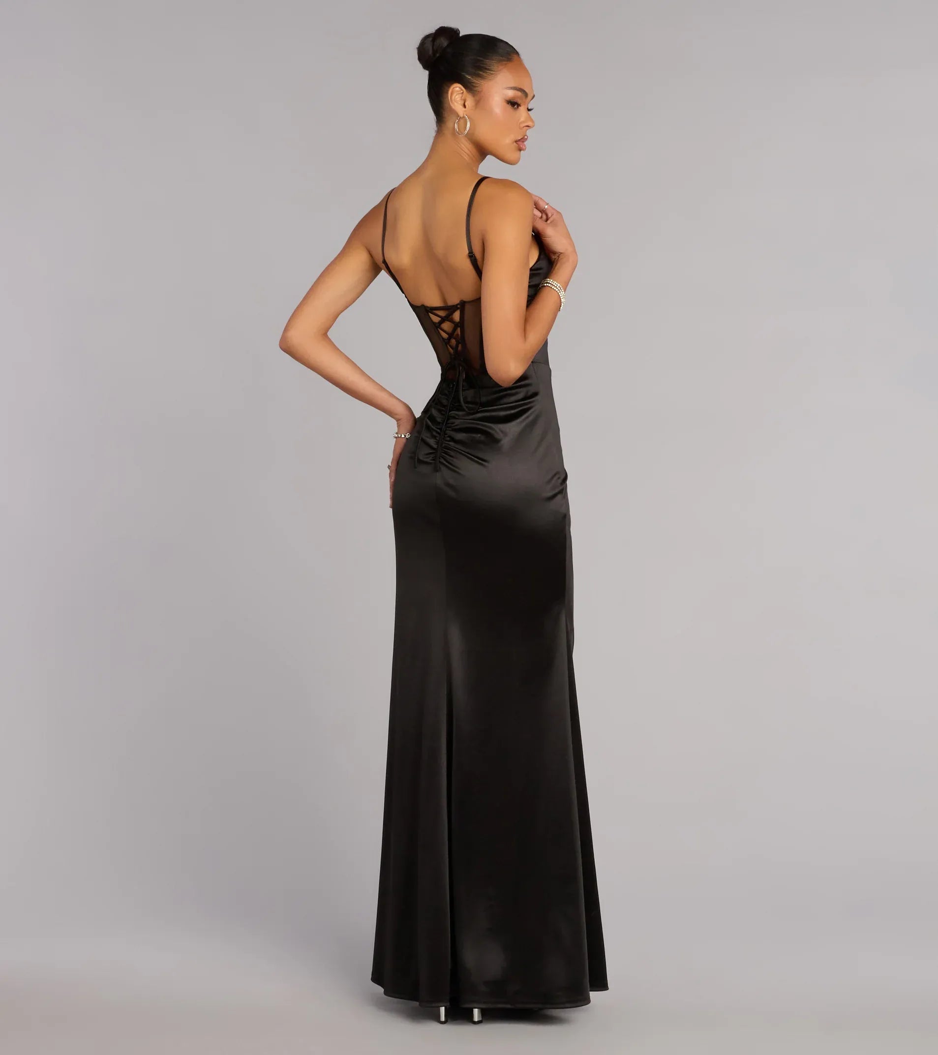 Glamorous Mermaid Sweetheart Spaghetti Lace-Up Slit Maxi Wedding Guest Dress