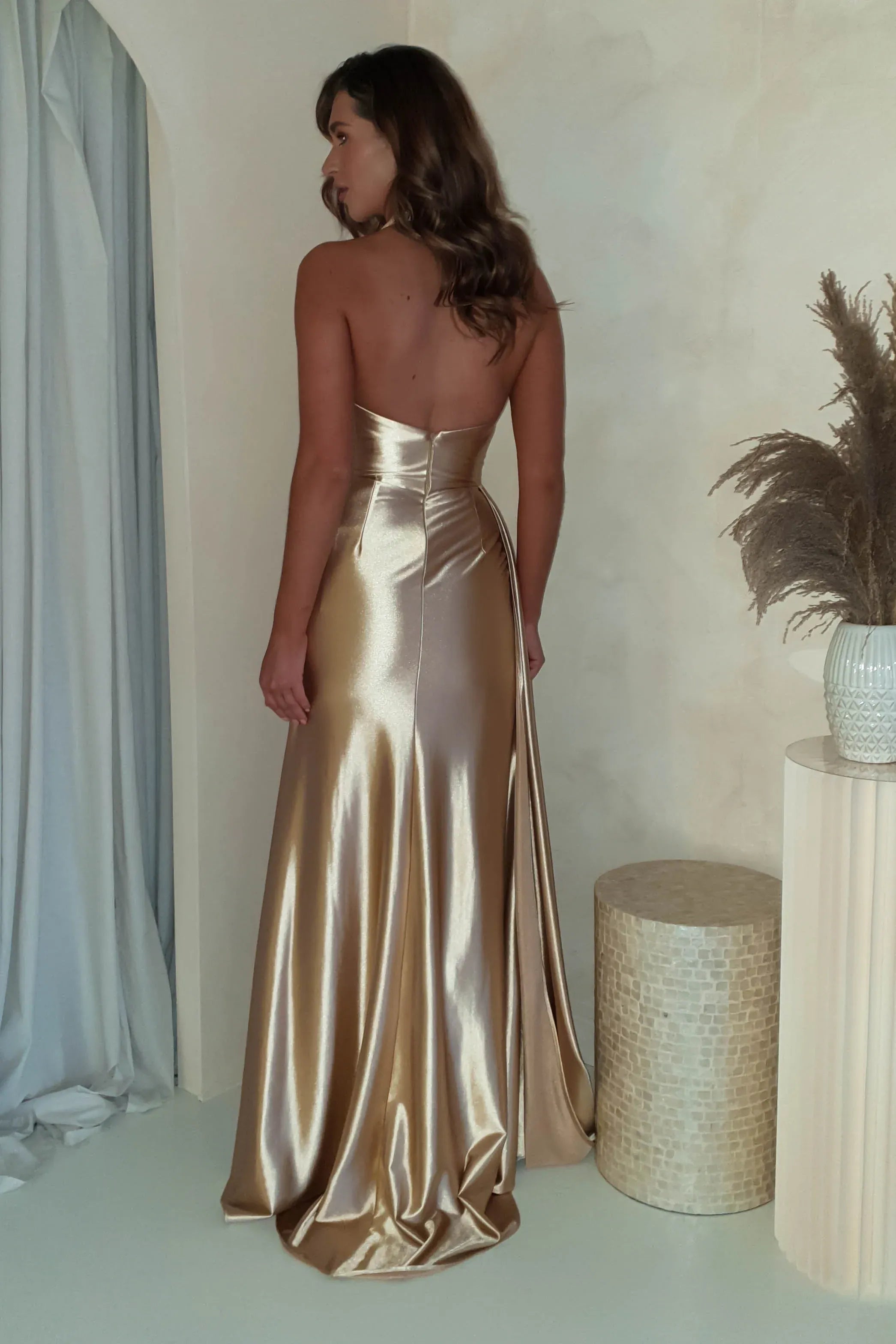 Gold Halter Neck Satin Mermaid Bridesmaid Dress with Slit and Draped Train