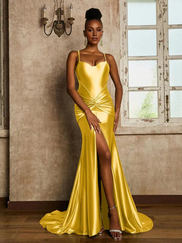 Golden‑Yellow Satin Spaghetti‑Strap Twist‑Front Crisscross‑Back High‑Slit Mermaid Bridesmaid Dresses