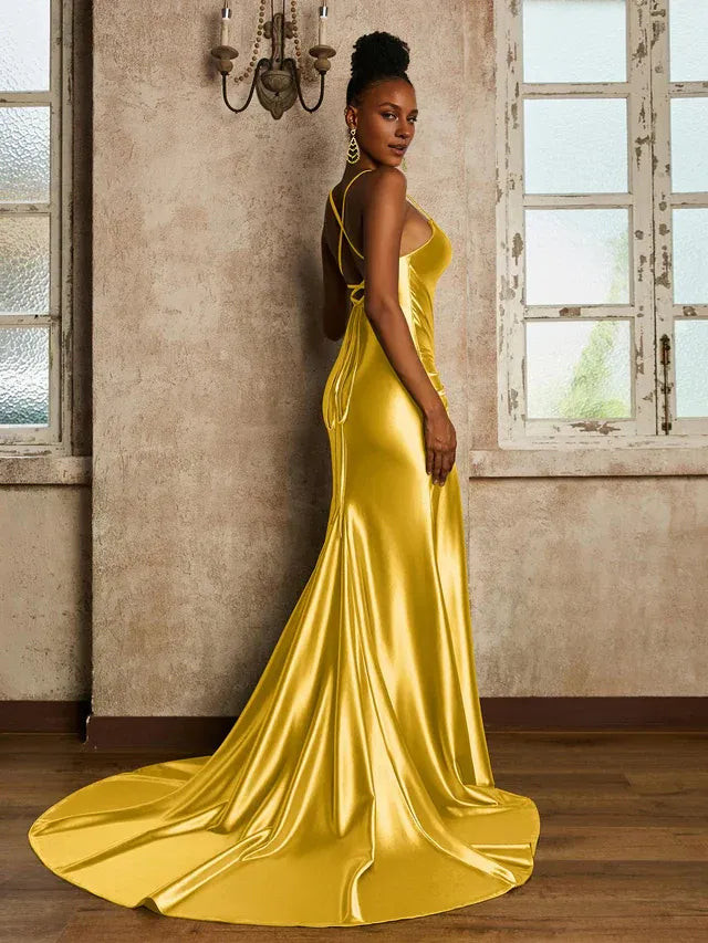 Golden‑Yellow Satin Spaghetti‑Strap Twist‑Front Crisscross‑Back High‑Slit Mermaid Bridesmaid Dresses