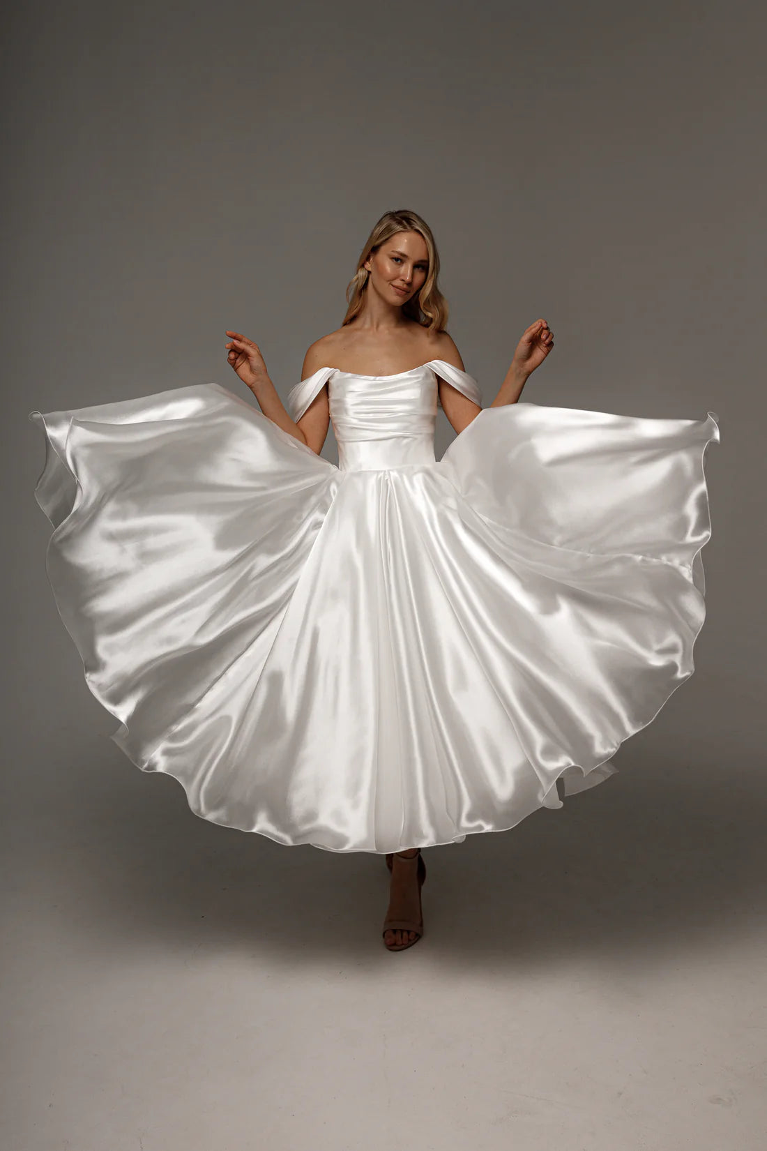 Gorgeous A Line Off-the-shoulder Neck Dropped Shoulder Sleeves Lace-Up Midi Length Wedding Dress