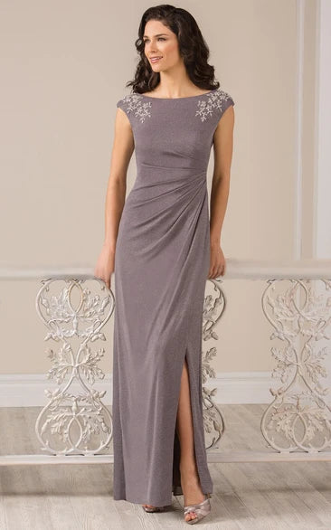 Gorgeous Cap-Sleeved Split Mother Of The Bride Dress with Crystals and Draping