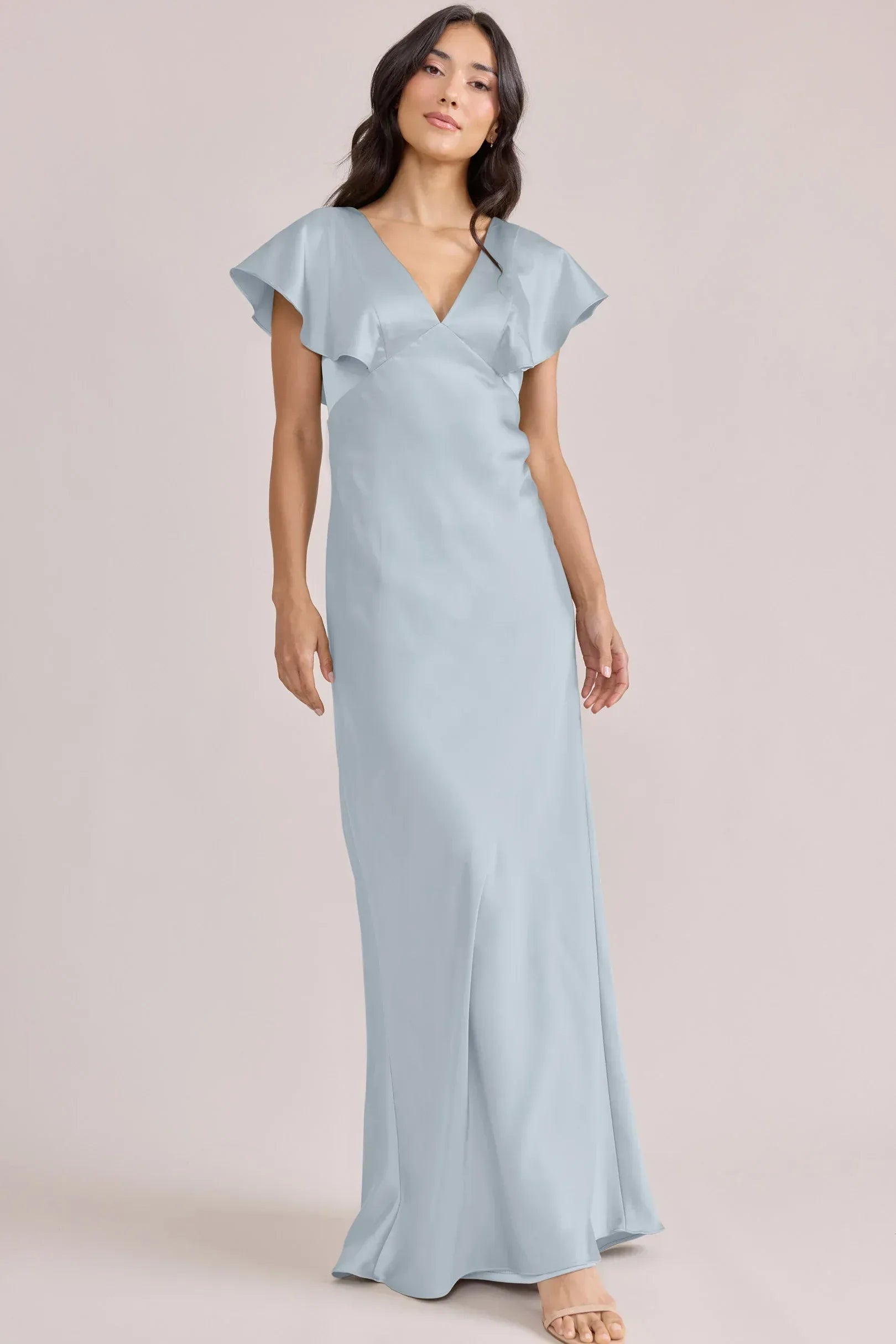 Graceful Column V-Neck Flutter Sleeve Low Back Floor-Length Bridesmaid Dress