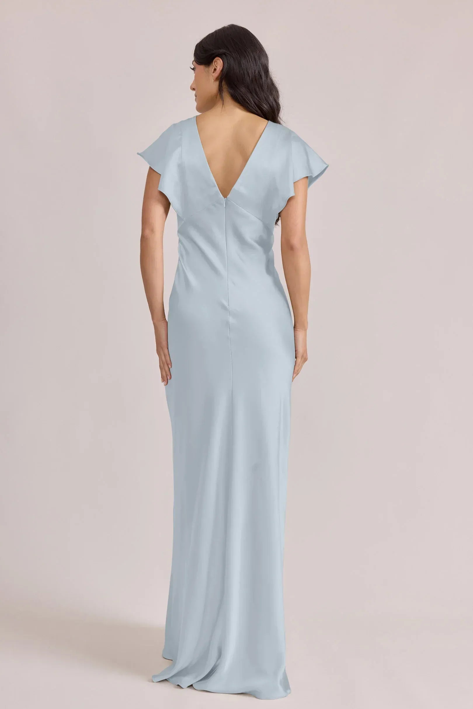 Graceful Column V-Neck Flutter Sleeve Low Back Floor-Length Bridesmaid Dress
