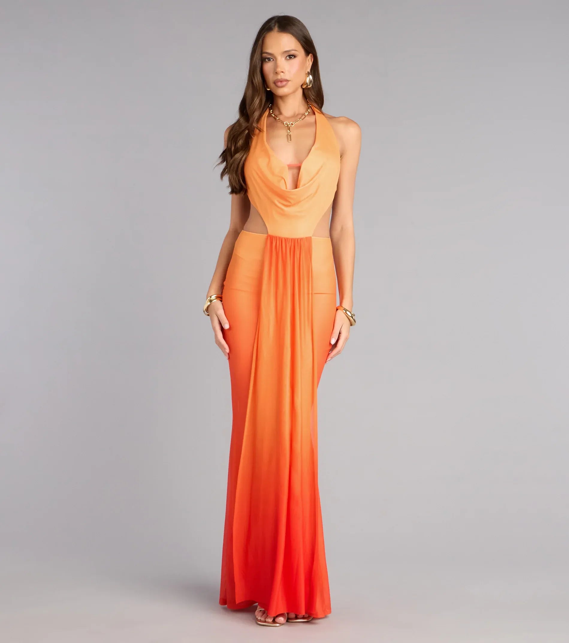 Gradient Mermaid Cowl Halter Sleeveless Tie-Back Cutout Maxi Wedding Guest Dress