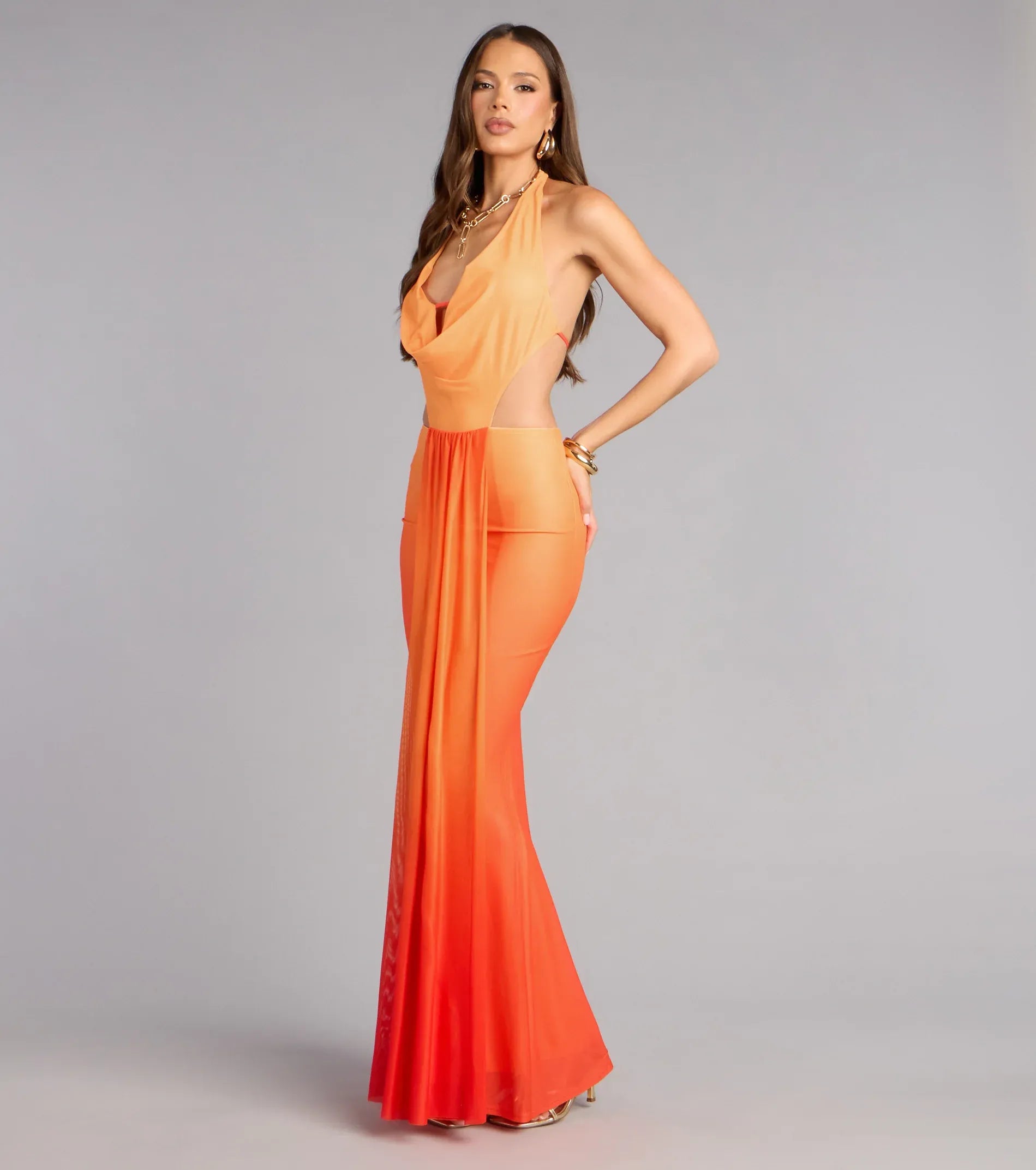 Gradient Mermaid Cowl Halter Sleeveless Tie-Back Cutout Maxi Wedding Guest Dress