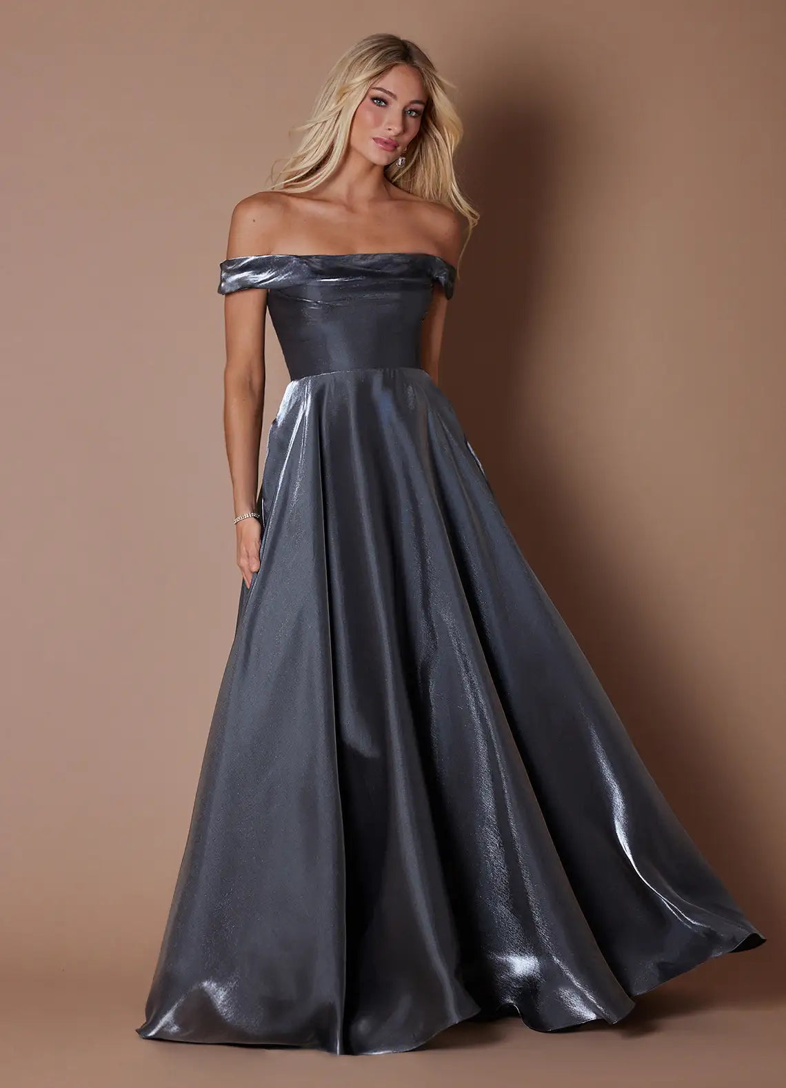 Gunmetal Off Shoulder Draped Bodice Hidden Pocket Ball Gown Maxi Wedding Guest Dress