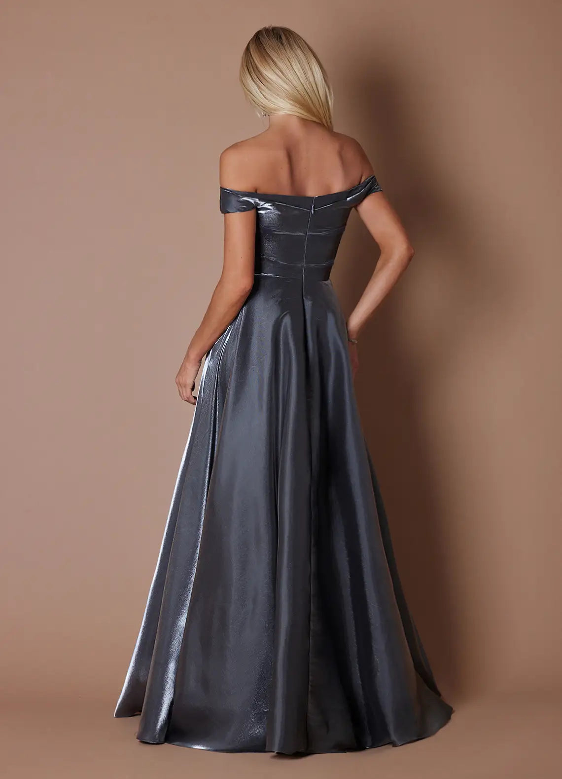 Gunmetal Off Shoulder Draped Bodice Hidden Pocket Ball Gown Maxi Wedding Guest Dress