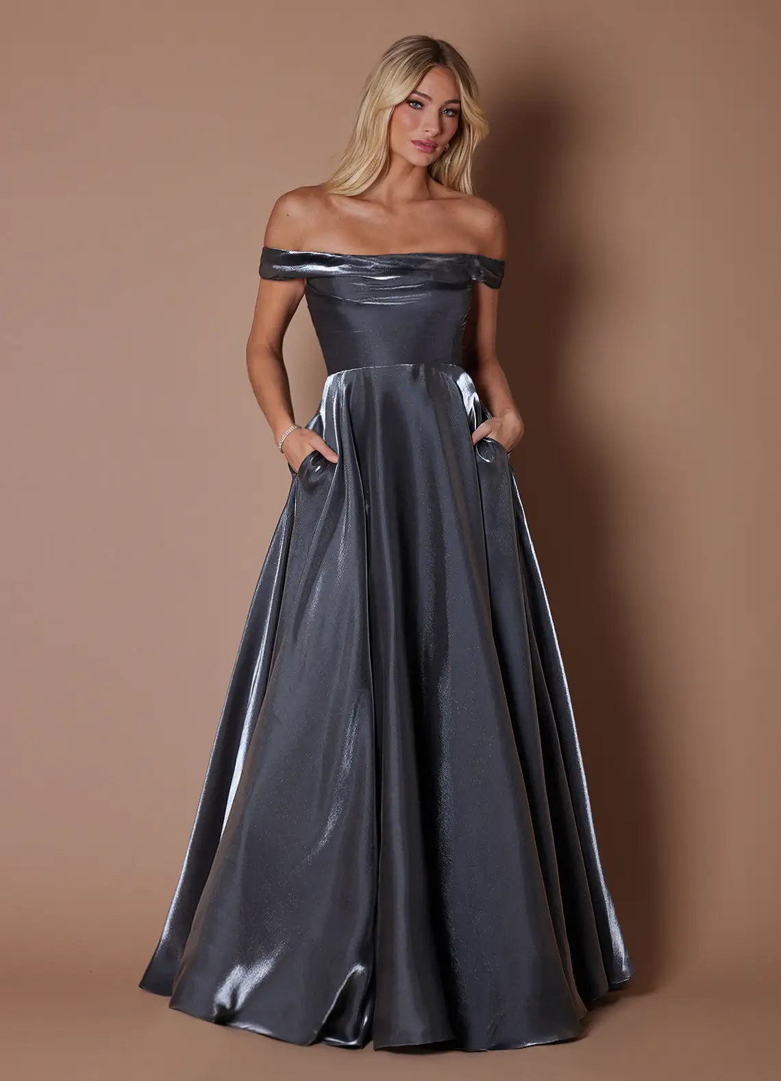 Gunmetal Off Shoulder Draped Bodice Hidden Pocket Ball Gown Maxi Wedding Guest Dress