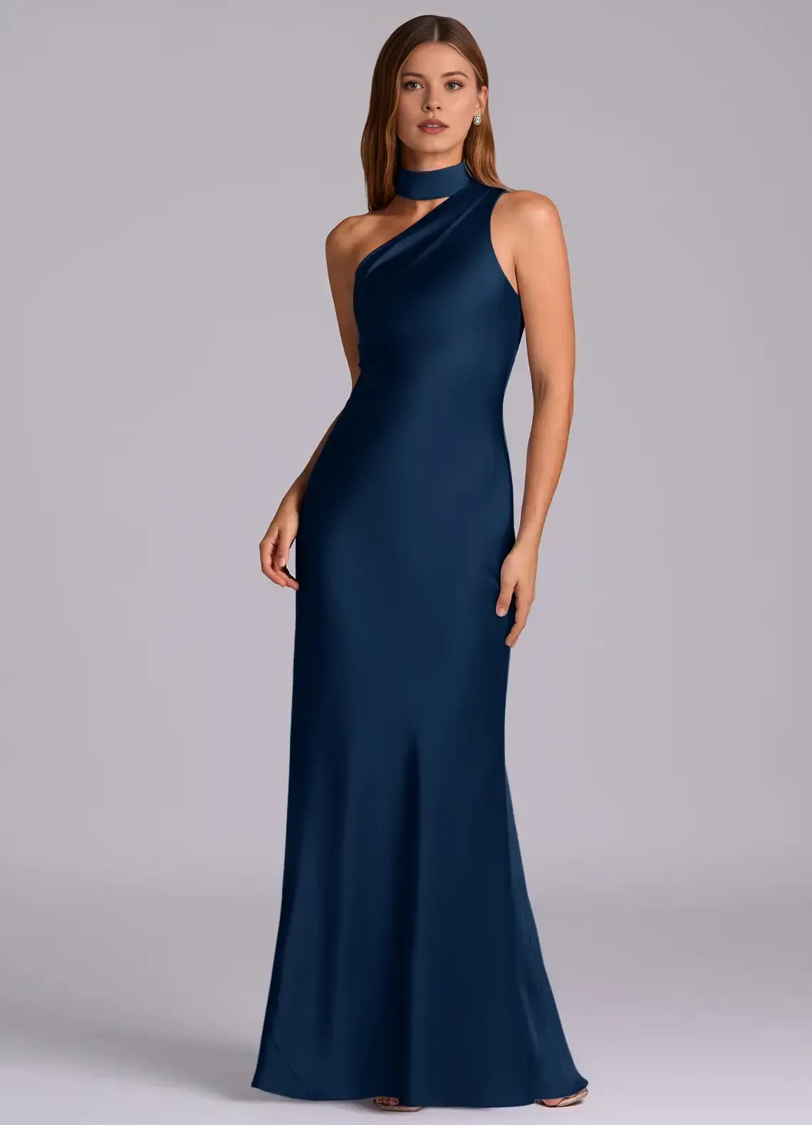Halter Asymmetric One Shoulder Open Back Mermaid Satin Long Bridesmaid Dress