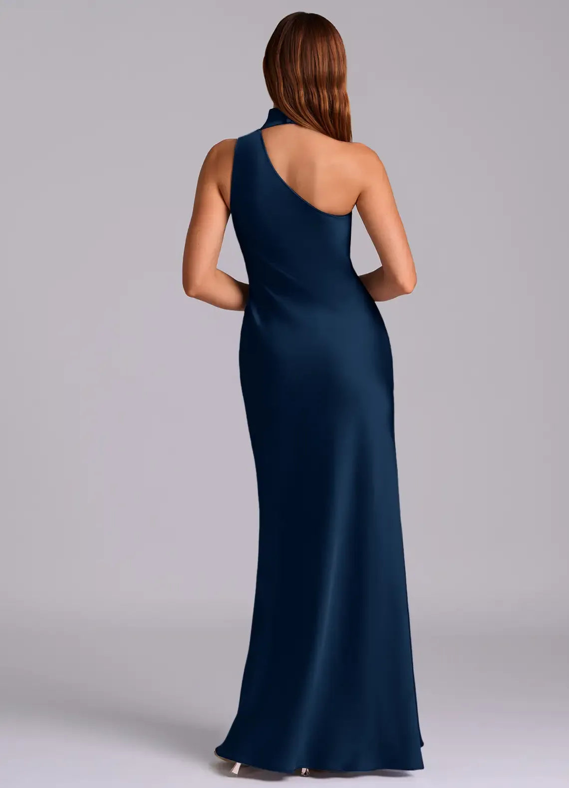 Halter Asymmetric One Shoulder Open Back Mermaid Satin Long Bridesmaid Dress