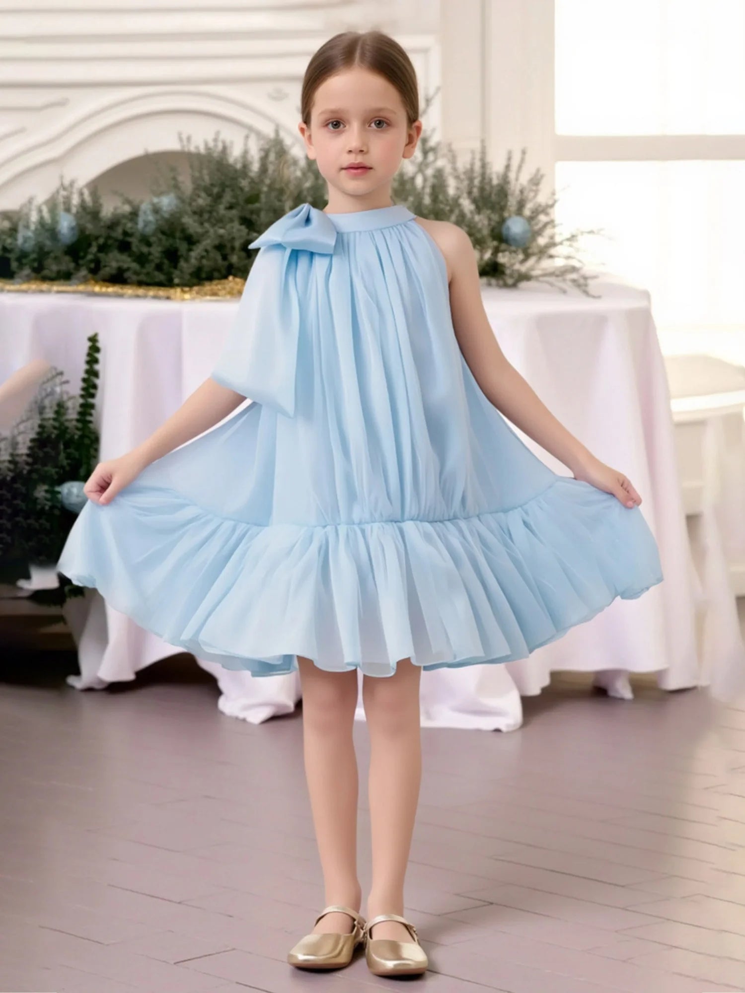 Halter Big Side Satin Bow Loose Chiffon Ruffle Hem Light Blue Short Flower Girl Dresses
