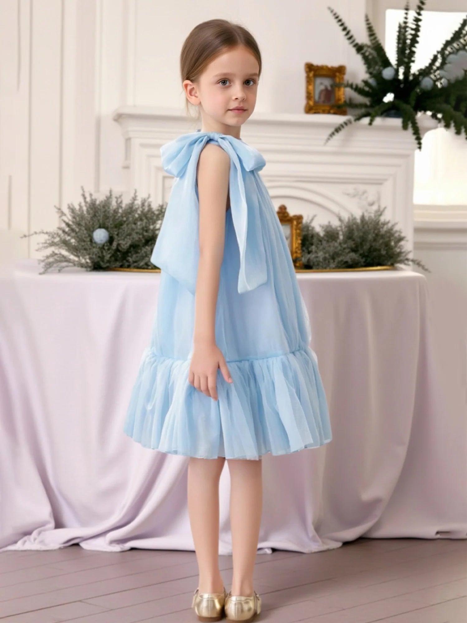 Halter Big Side Satin Bow Loose Chiffon Ruffle Hem Light Blue Short Flower Girl Dresses