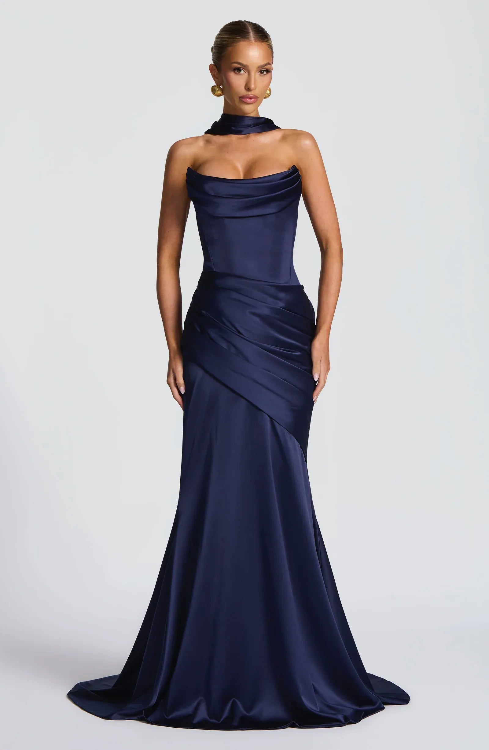 Halter Choker Cowl Neck Asymmetric Ruched Navy Satin Mermaid Train Maxi Bridesmaid Dresses