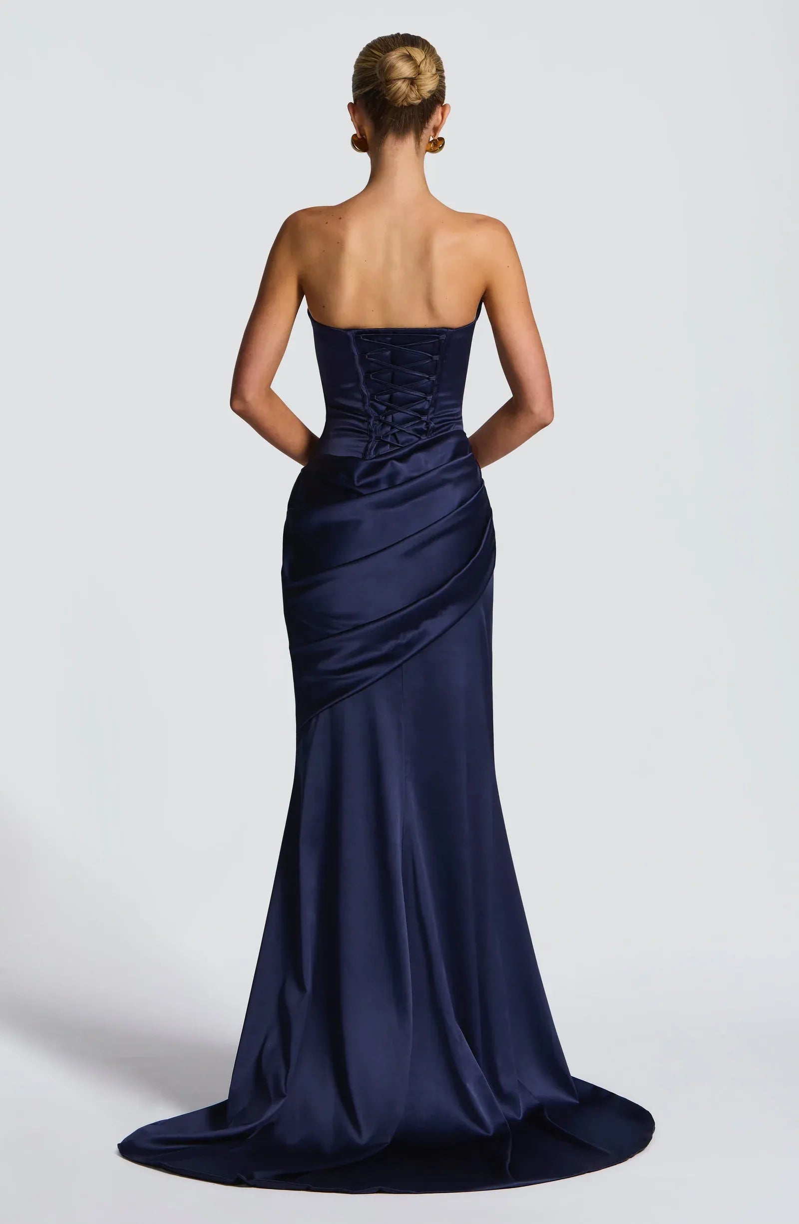 Halter Choker Cowl Neck Asymmetric Ruched Navy Satin Mermaid Train Maxi Bridesmaid Dresses