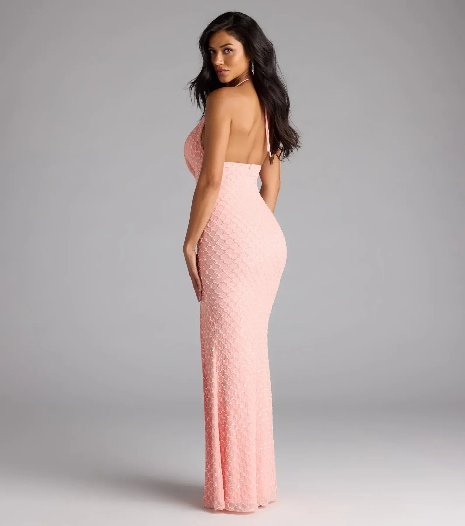 Halter Cowl Keyhole All Over Dot Beaded High Slit Blush Mermaid Maxi Wedding Guest Dress