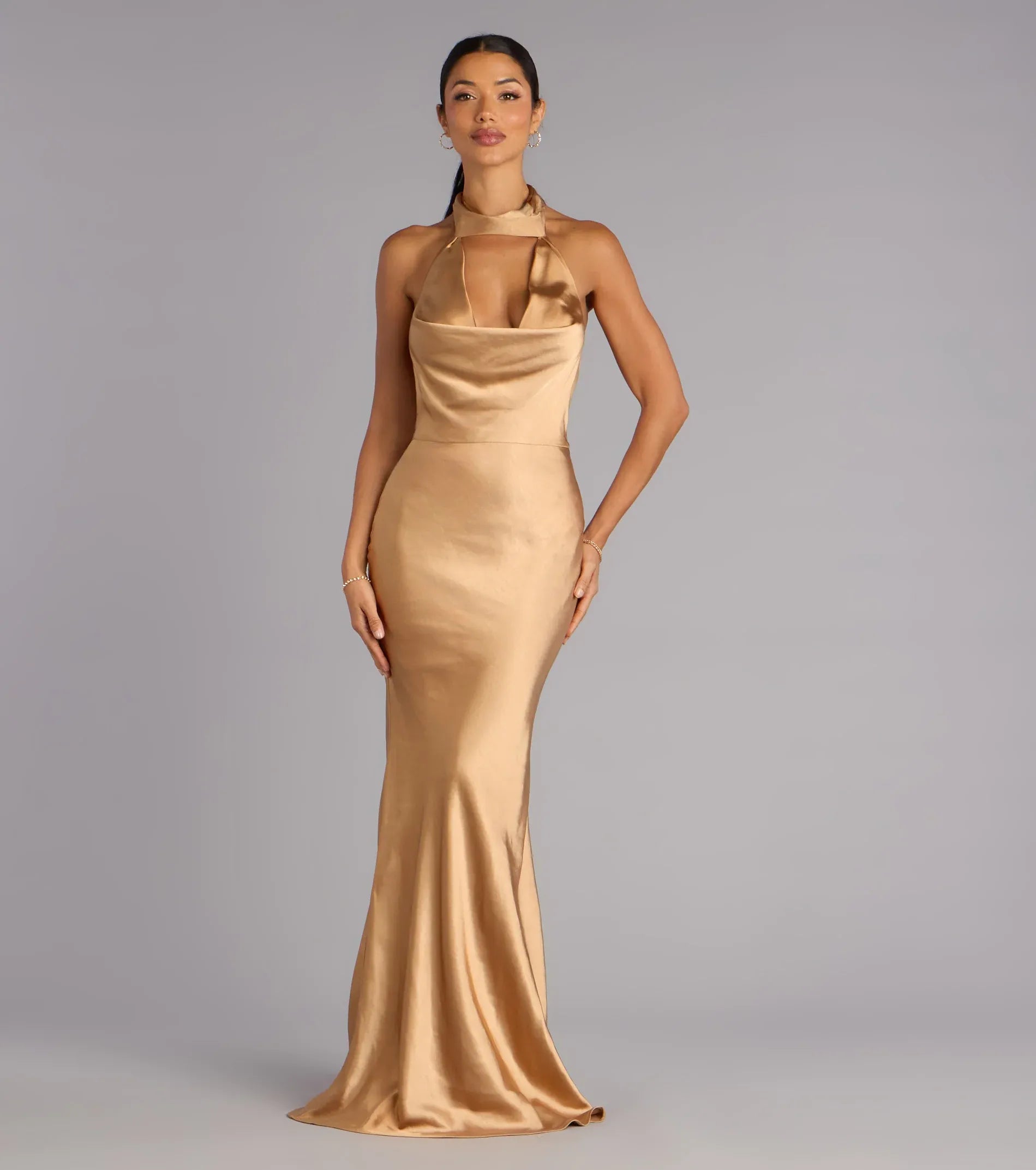 Halter Cowl Keyhole Open Back Tie Champagne Satin Mermaid Maxi Wedding Guest Dress
