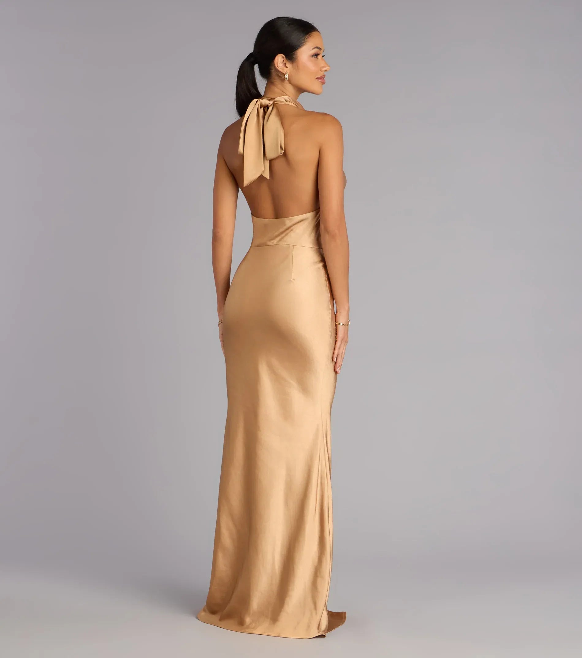 Halter Cowl Keyhole Open Back Tie Champagne Satin Mermaid Maxi Wedding Guest Dress