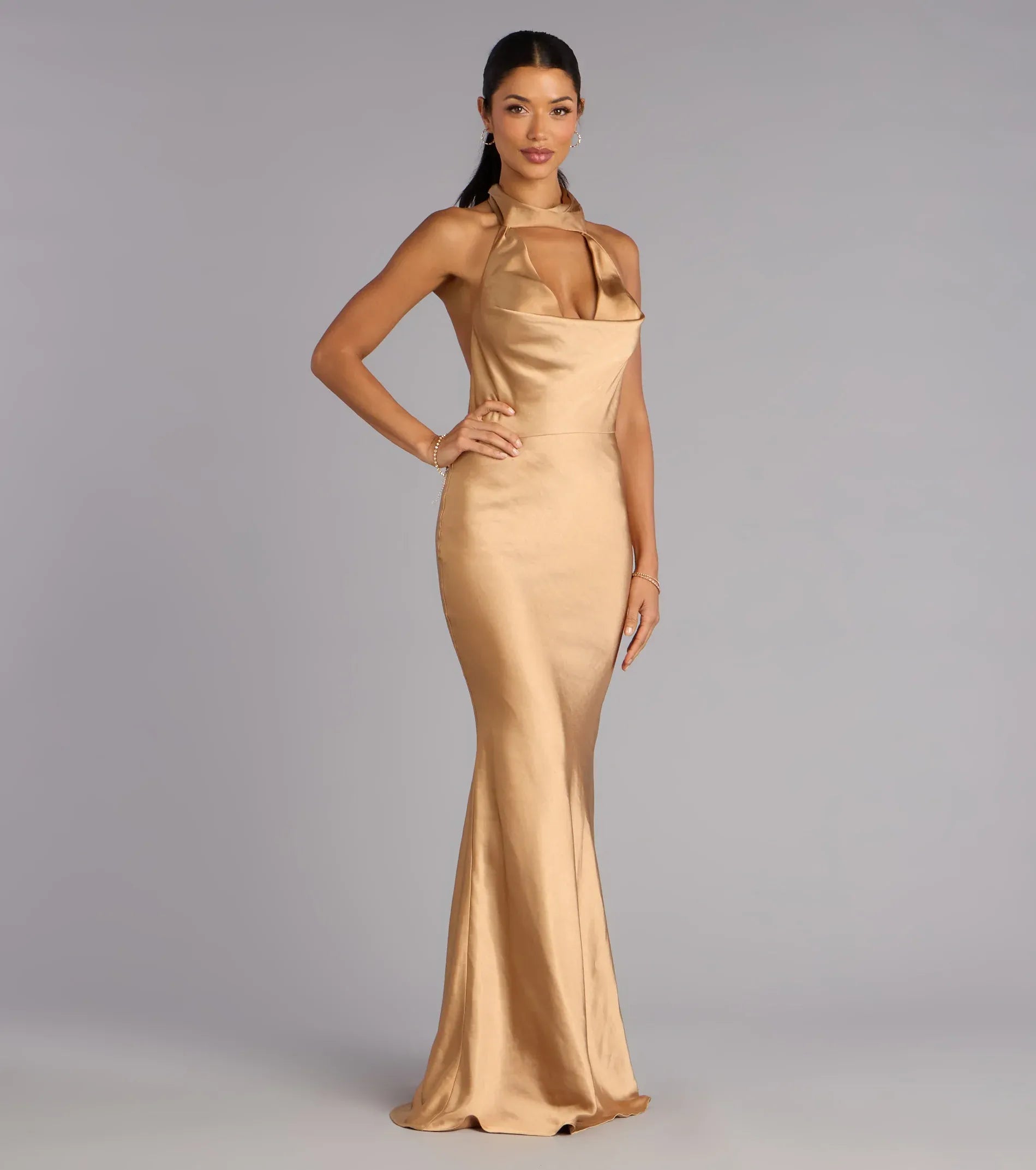 Halter Cowl Keyhole Open Back Tie Champagne Satin Mermaid Maxi Wedding Guest Dress