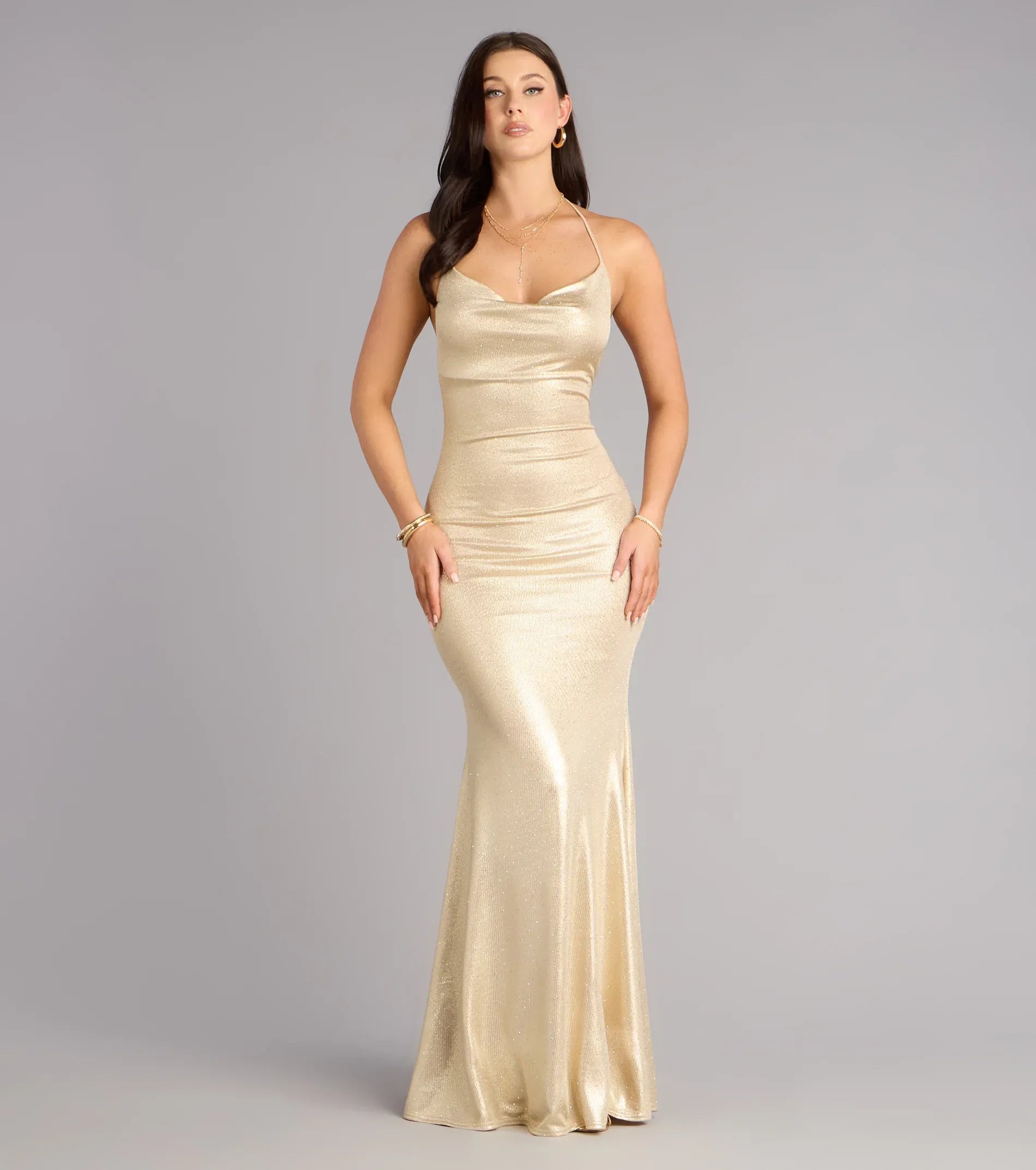 Halter Cowl Low Back Shimmer Satin Mermaid Maxi Wedding Guest Dress