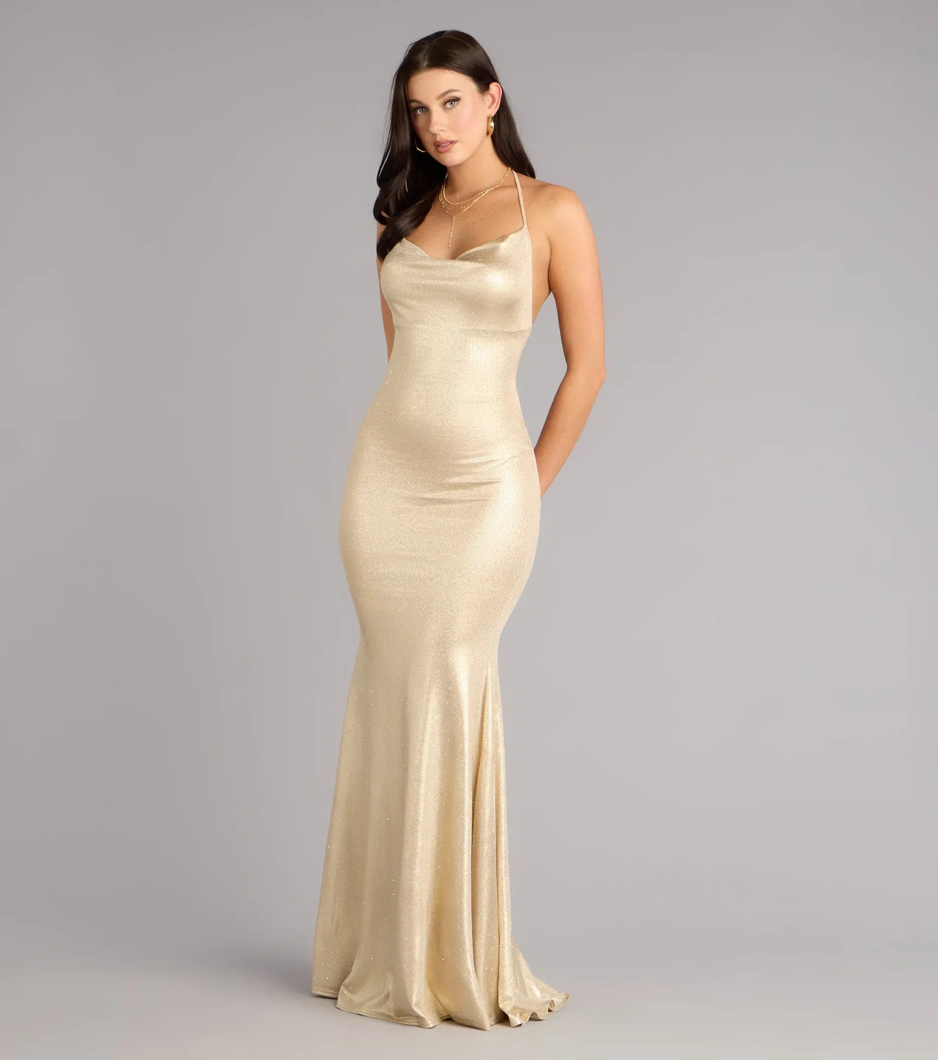 Halter Cowl Low Back Shimmer Satin Mermaid Maxi Wedding Guest Dress