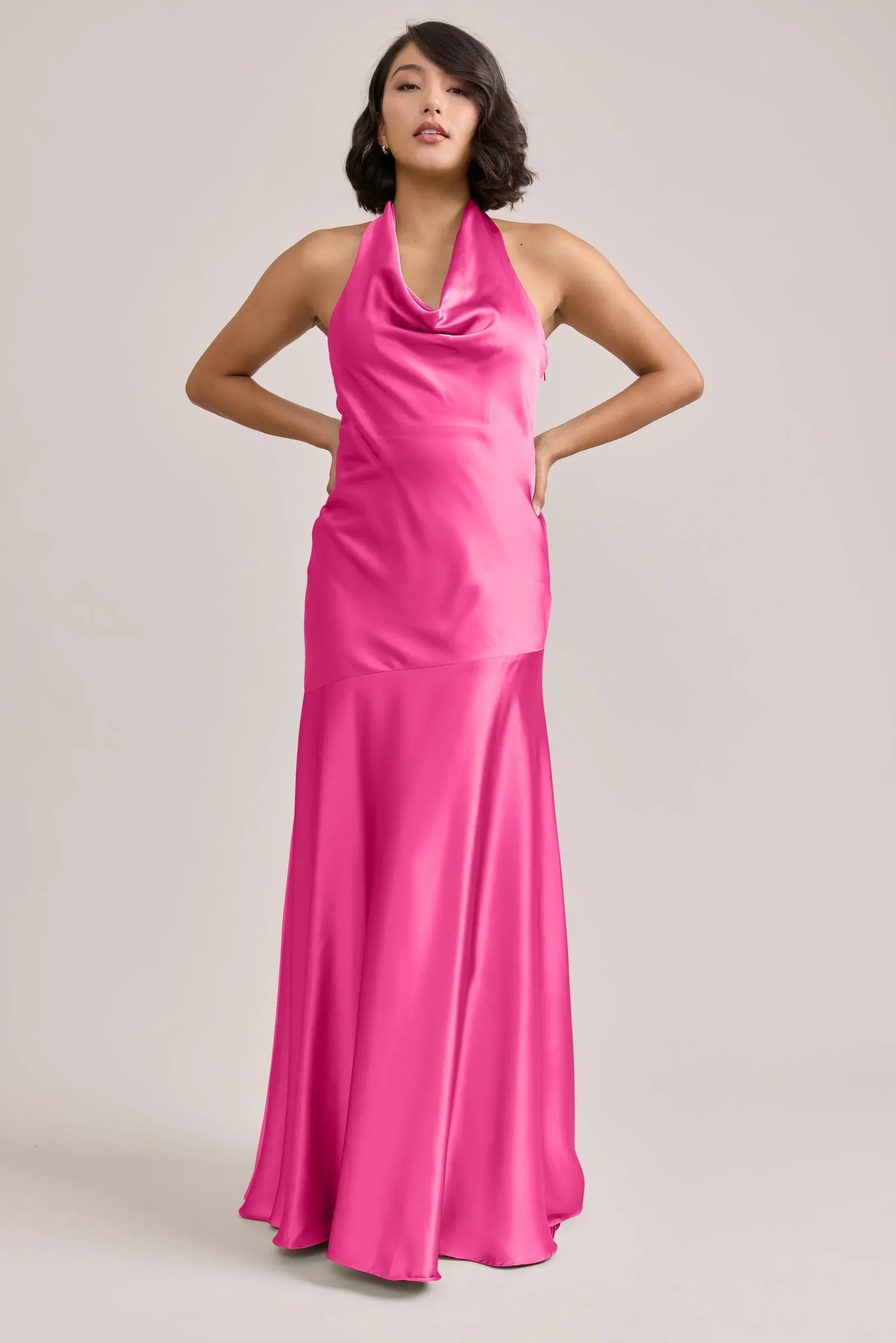 Halter Cowl Neck Large Bow Tie Back Button Detail Mermaid Satin Long Bridesmaid Dress