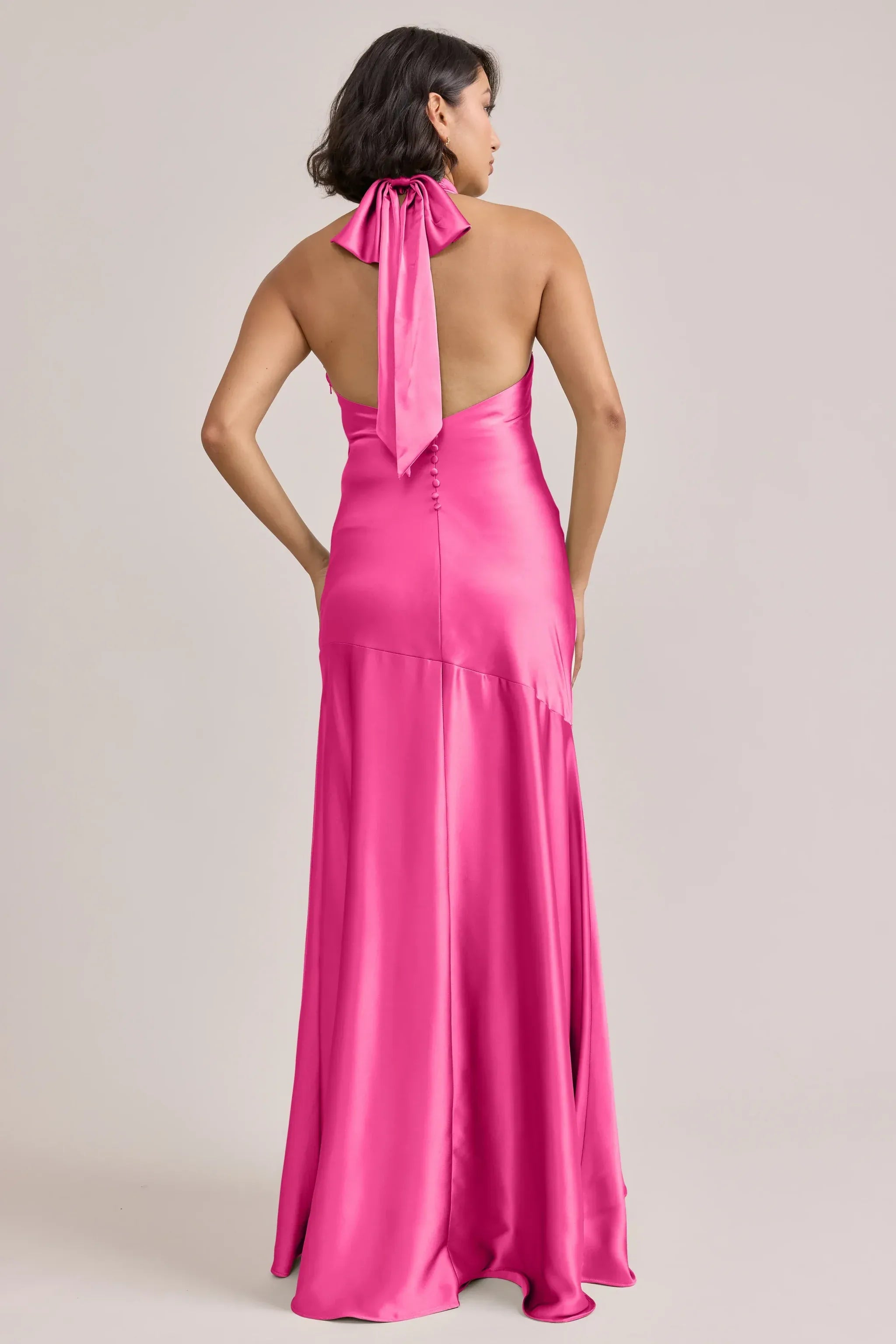 Halter Cowl Neck Large Bow Tie Back Button Detail Mermaid Satin Long Bridesmaid Dress