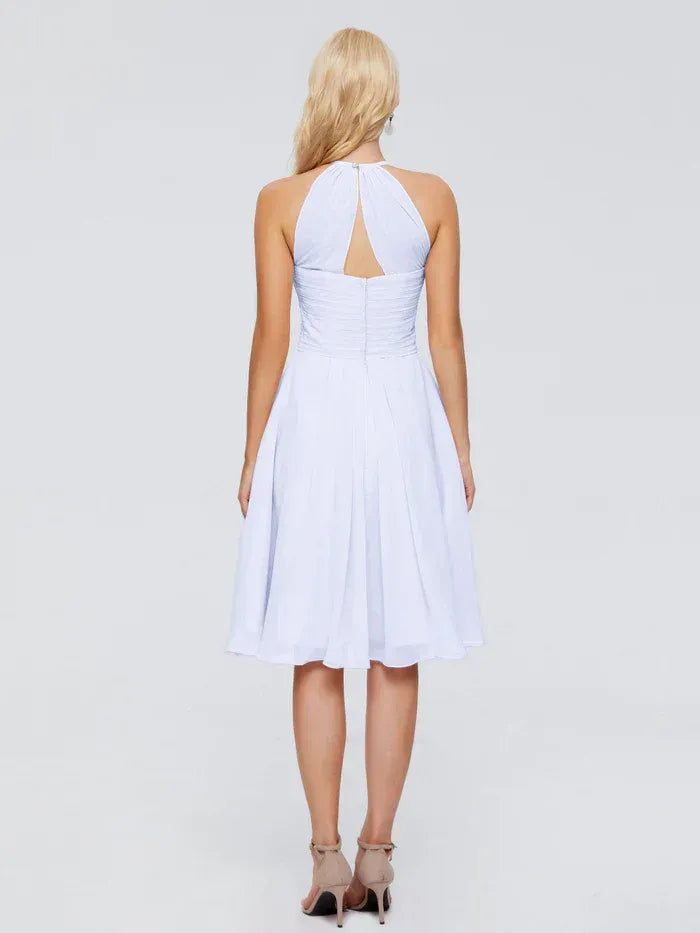 Halter Crisscross Ruched Pocket Knee Length A Line Chiffon Bridesmaid Dress