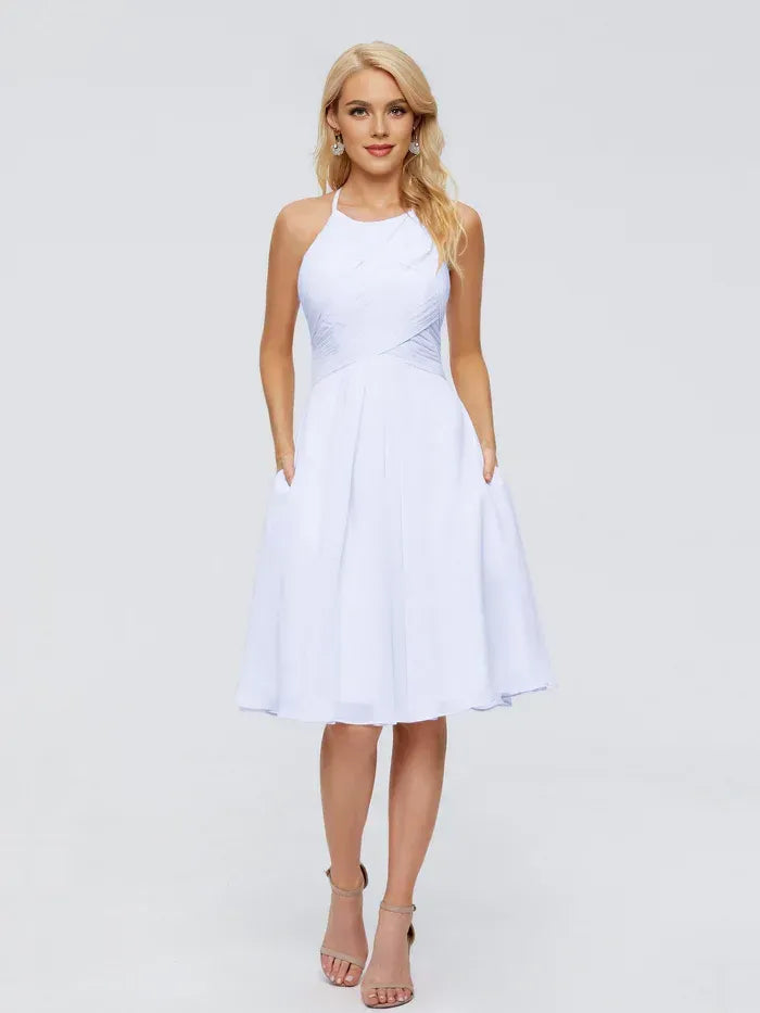 Halter Crisscross Ruched Pocket Knee Length A Line Chiffon Bridesmaid Dress