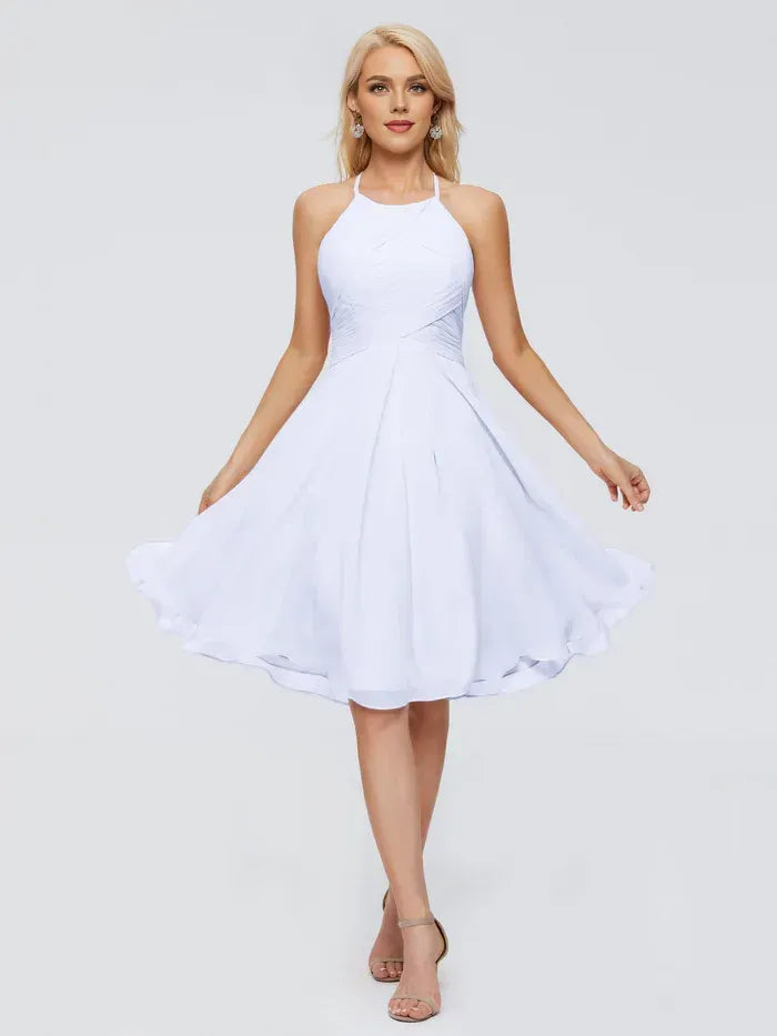 Halter Crisscross Ruched Pocket Knee Length A Line Chiffon Bridesmaid Dress